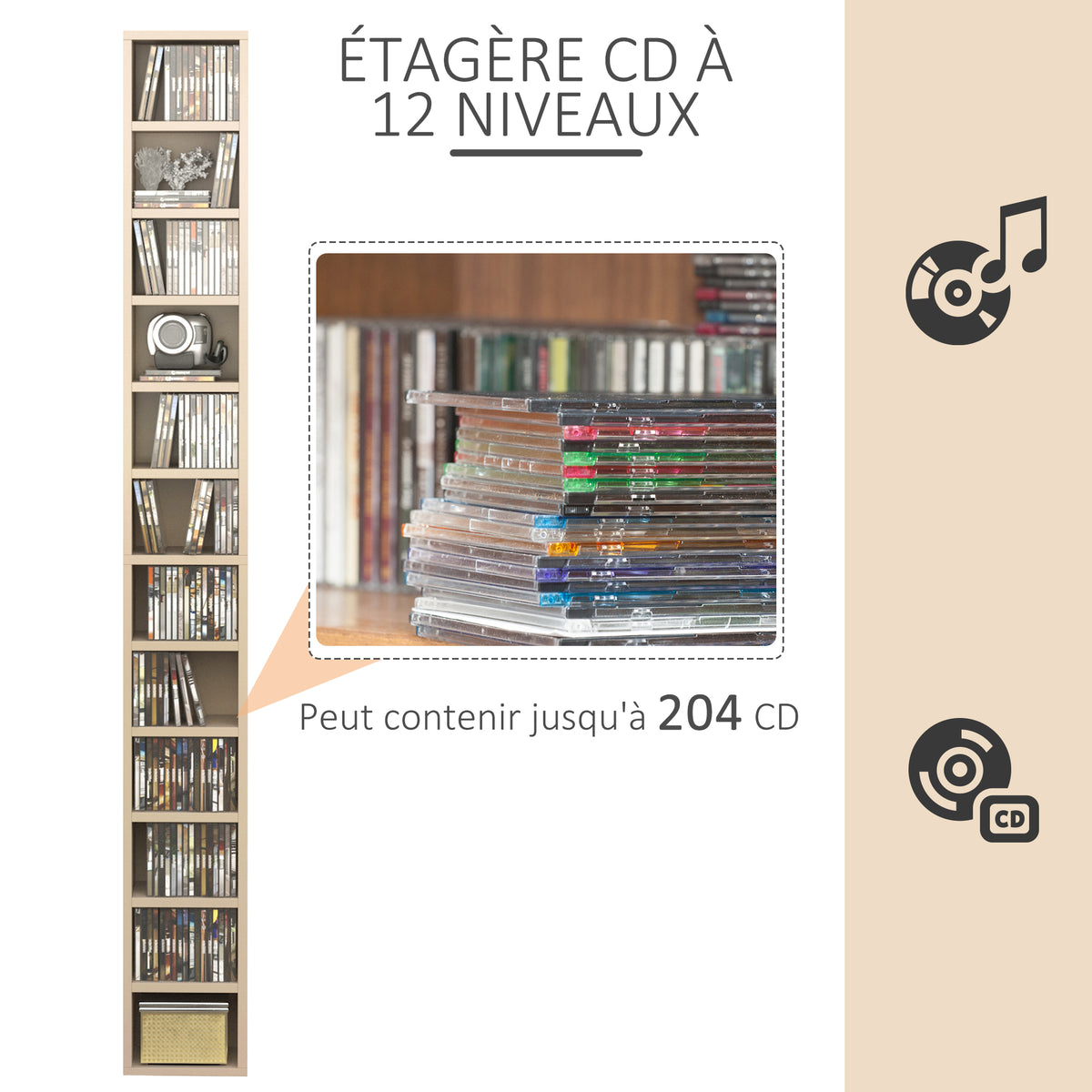 Rangements pour CD et DVD, étagère colonne de rangement, meuble de rangement bois naturel-3