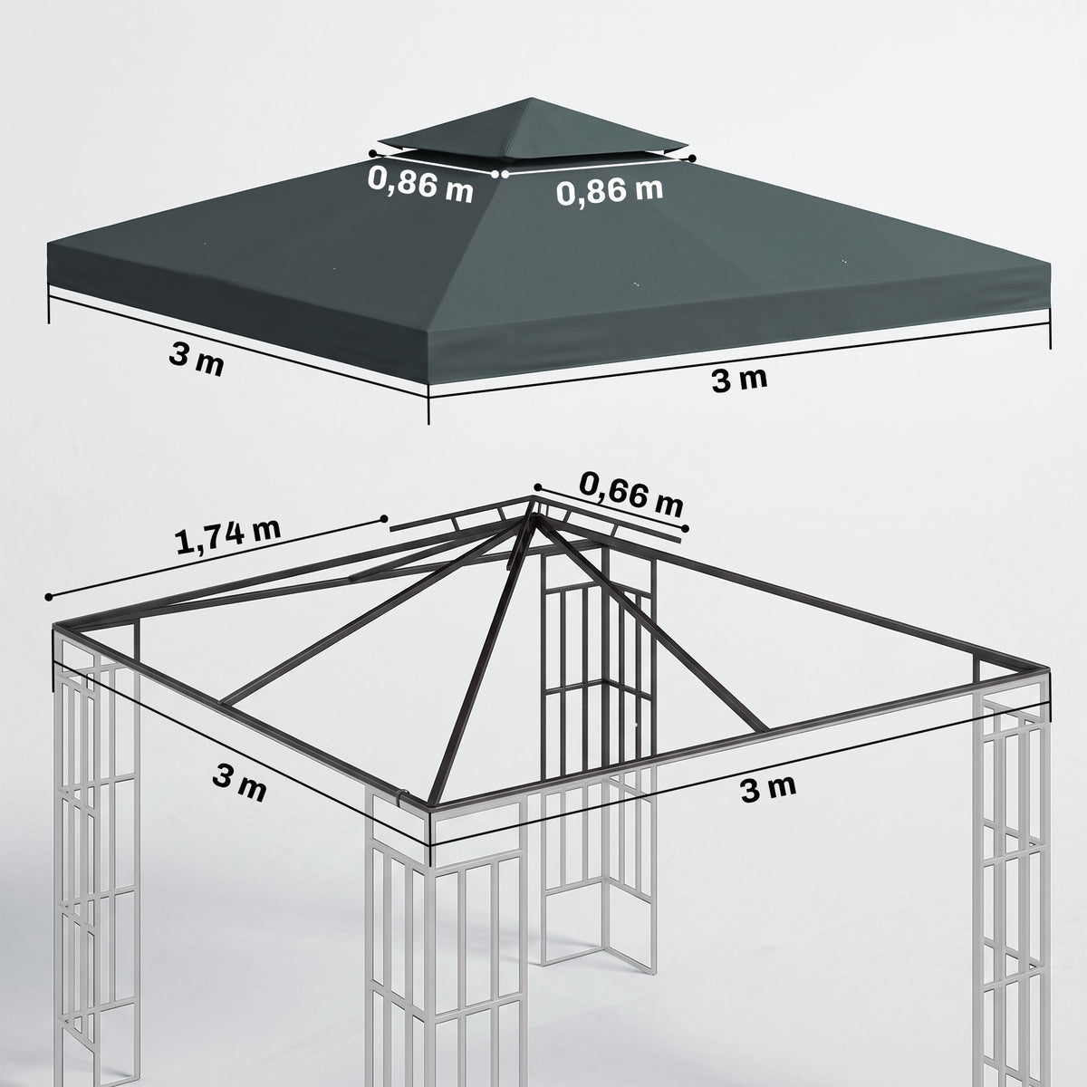 Toile de rechange pour pavillon tonnelle tente 3 x 3 m polyester haute densité 180 g/m² gris foncé-2