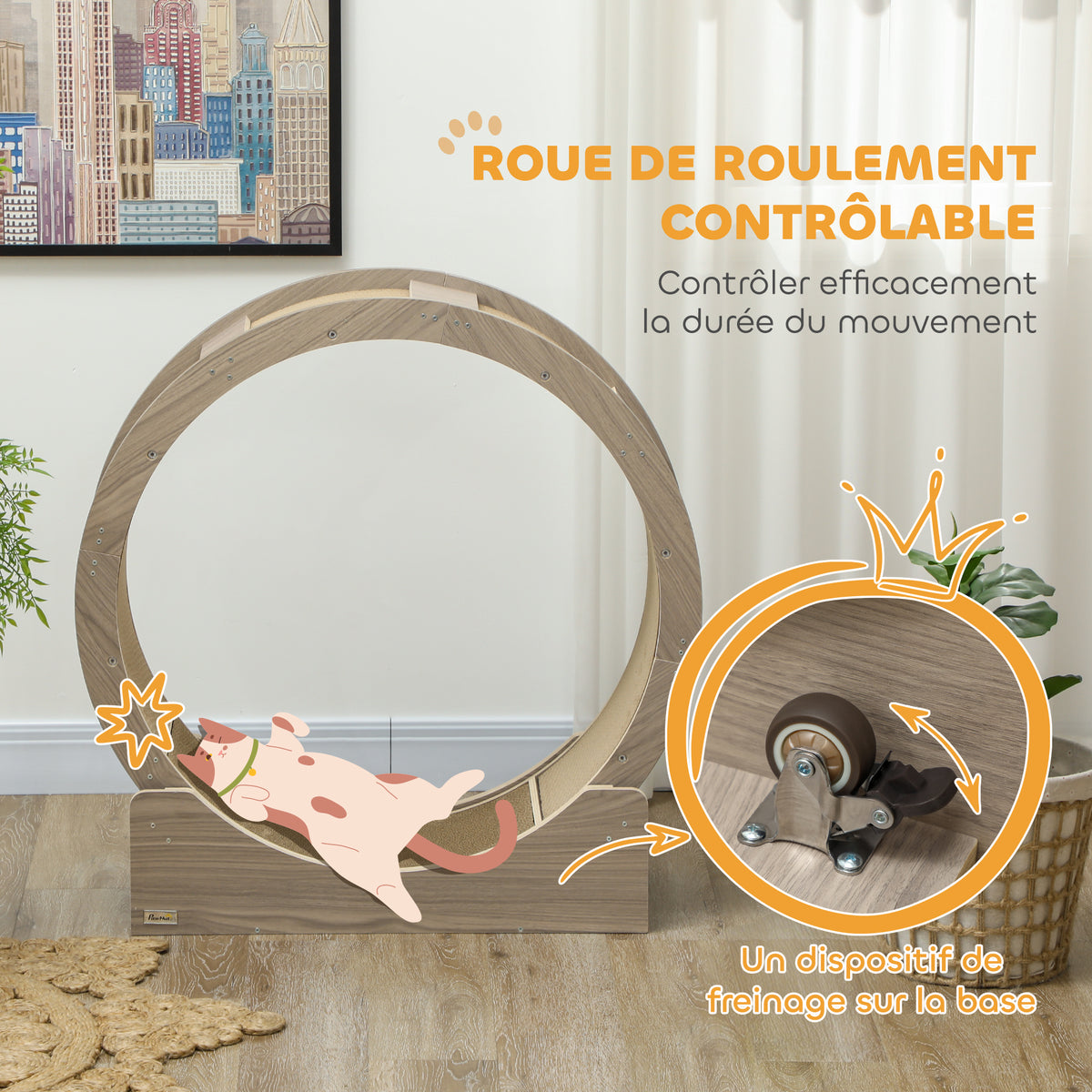 Roue d'exercice pour chat roue de course pour chat frein sécurisé et tapis de grattage amovible silencieux 91 cm marron-5