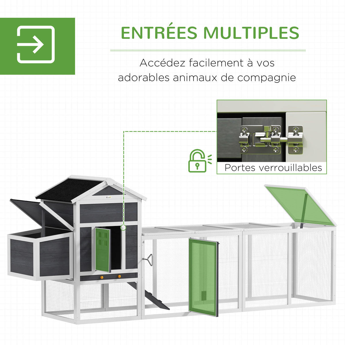 Poulailler en bois poulailler pour poules extérieur avec pondoir bac amovible en bois massif 297,5 x 68 x 118 cm blanc-4