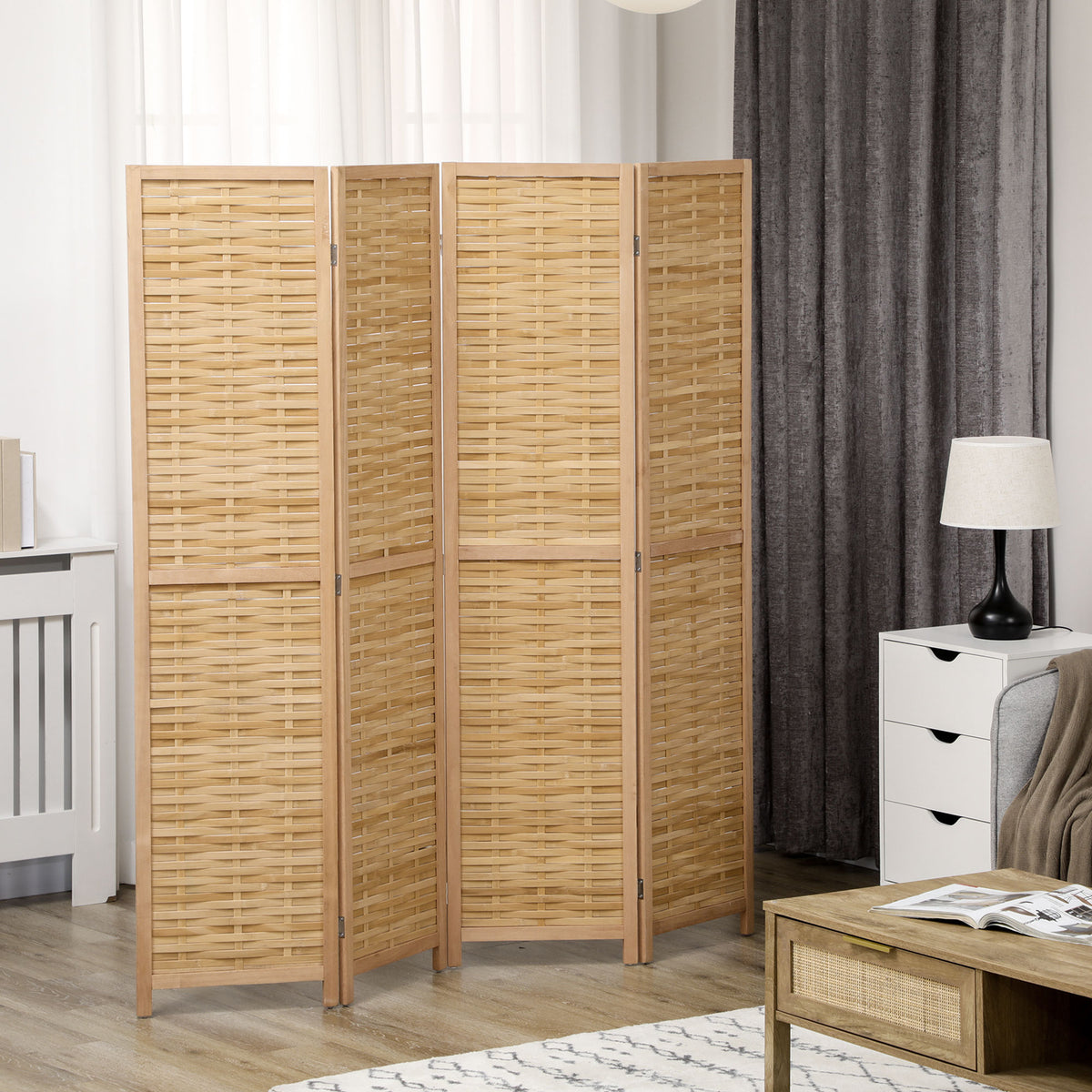 Paravent en bois séparateur de pièce closion de séparation pliable 4 panneaux en bambou 160 x 170 cm naturel clair-1