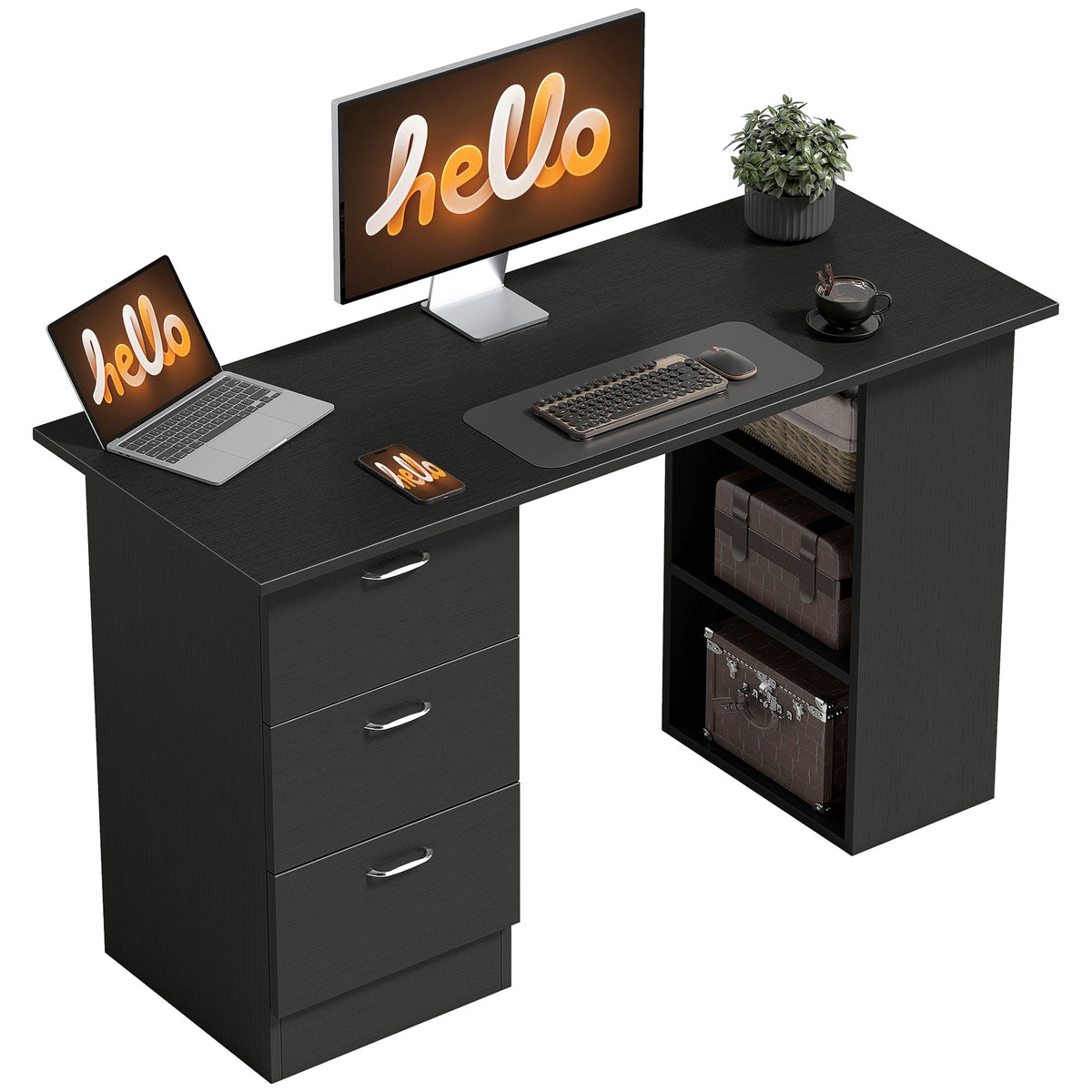 Bureau d'ordinateur avec 3 tiroirs et 3 étagères ouvertes, 120x49x72cm, bureau avec rangement réversible, style moderne, table informatique pour chambre, petit espace, télétravail, noir-0