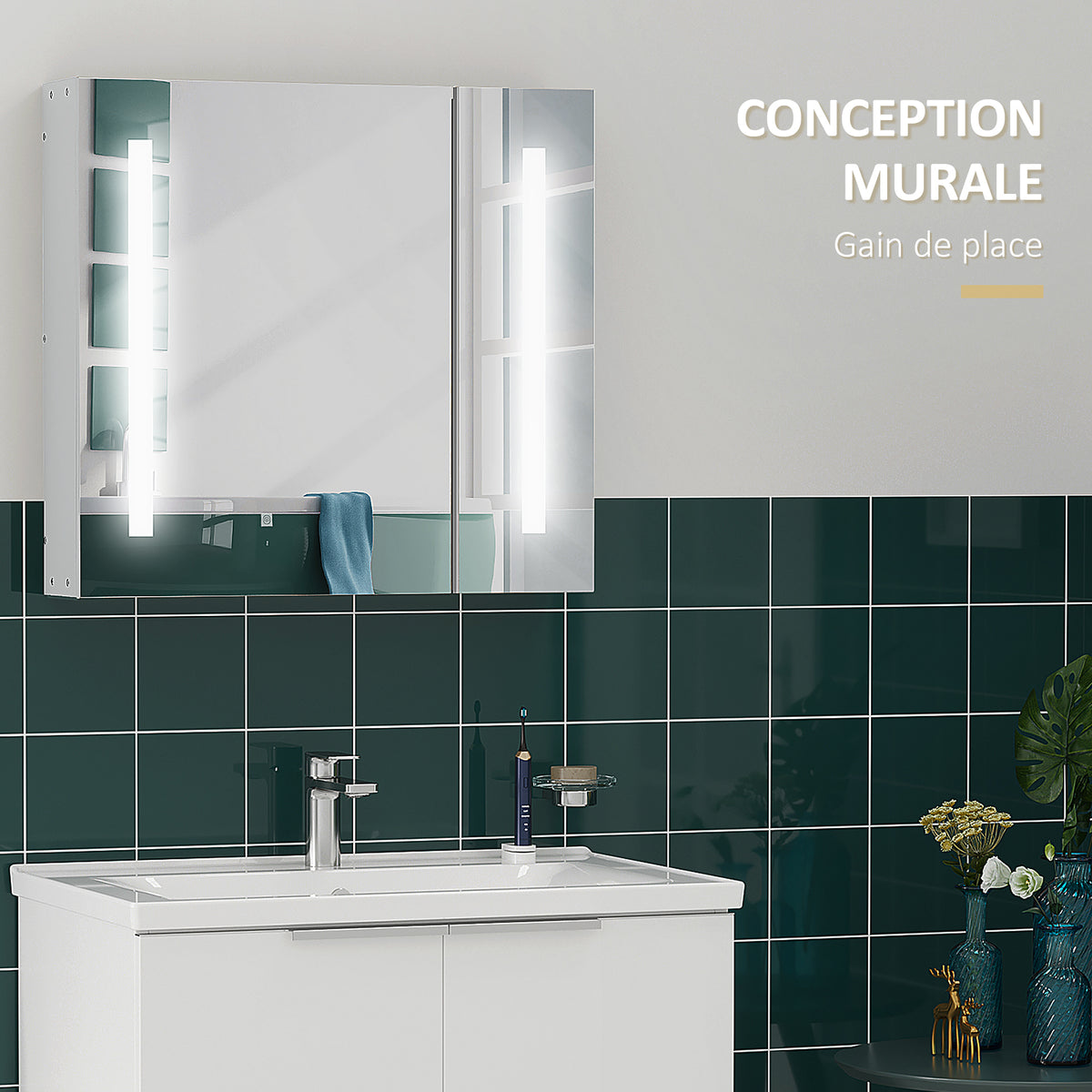 Armoire murale miroir lumineux LED salle de bain 2 portes avec 3 niveaux 70 x 15 x 65 cm blanc-3