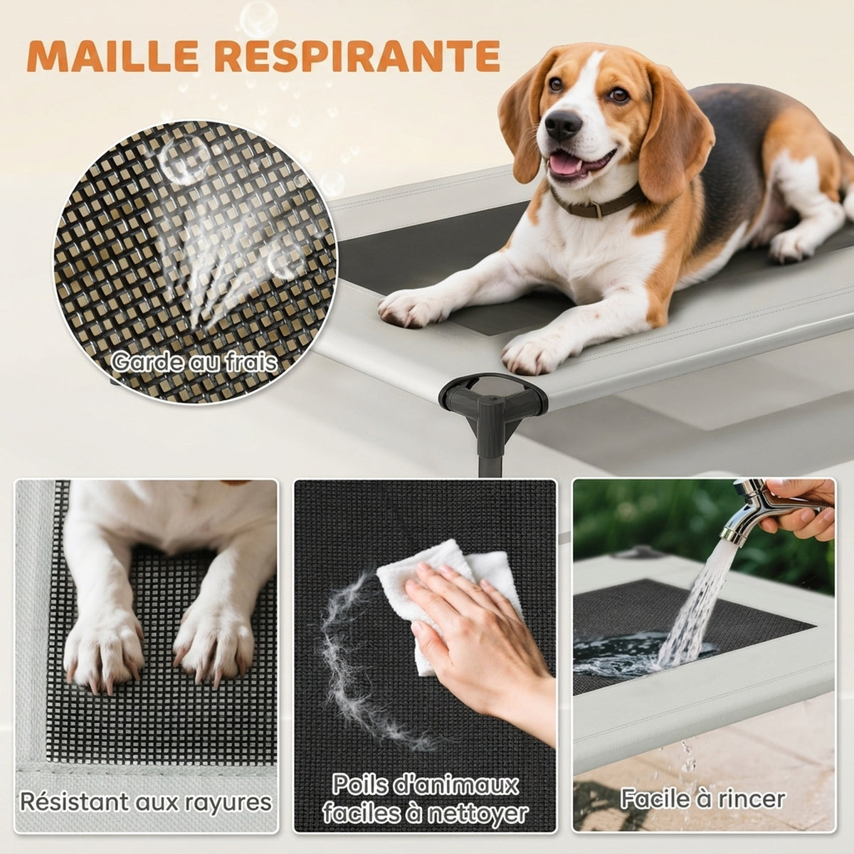 Lit pour Chien Surélevé Tente pour Chien avec Auvent Tente 3 Côtés Respirant Textilène Sac 76x61x70cm Gris Clair-5