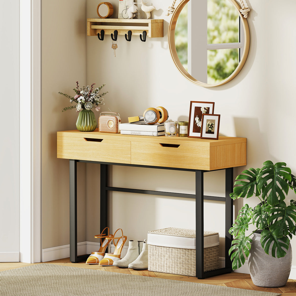 Console meuble 110 cm, table console étroite avec 2 tiroirs, cadre en métal et design sans poignées, bois naturel-1