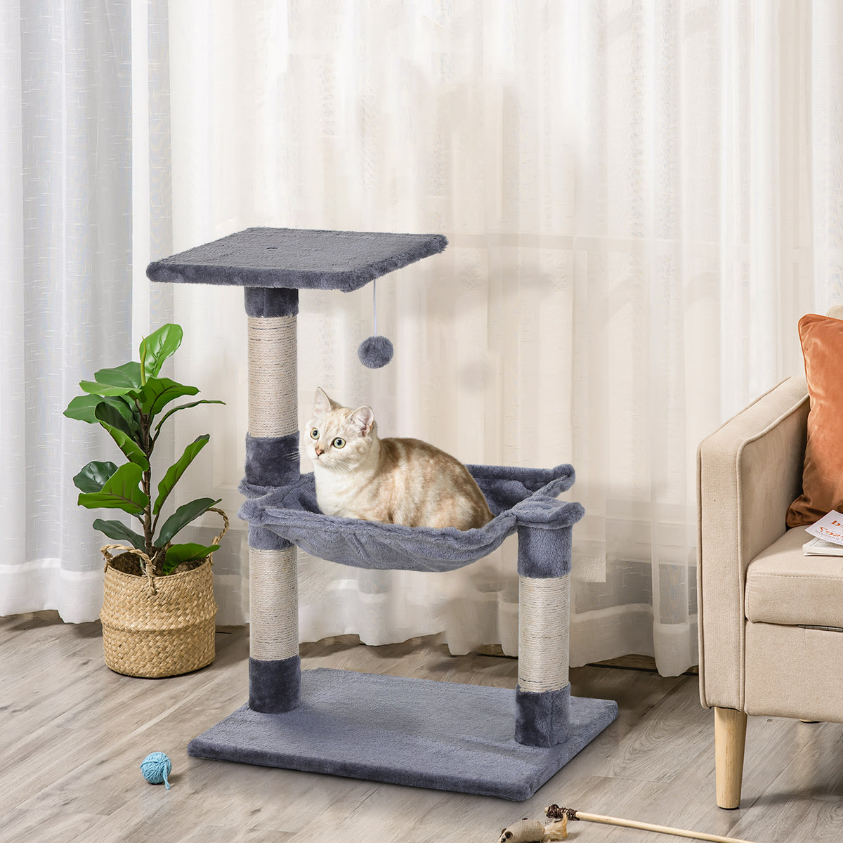 Arbre à chat 3 griffoirs grattoirs sisal naturel plateforme hamac et boule suspendue dim. 50L x 36l x 70H cm peluche courte gris-1