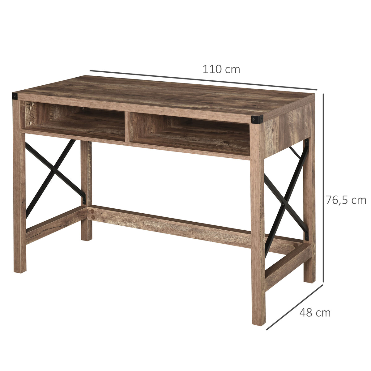 Bureau Design Industriel Grand Plateau 2 niches métal Noir Panneaux Particules Imitation Bois veinage Marron-2