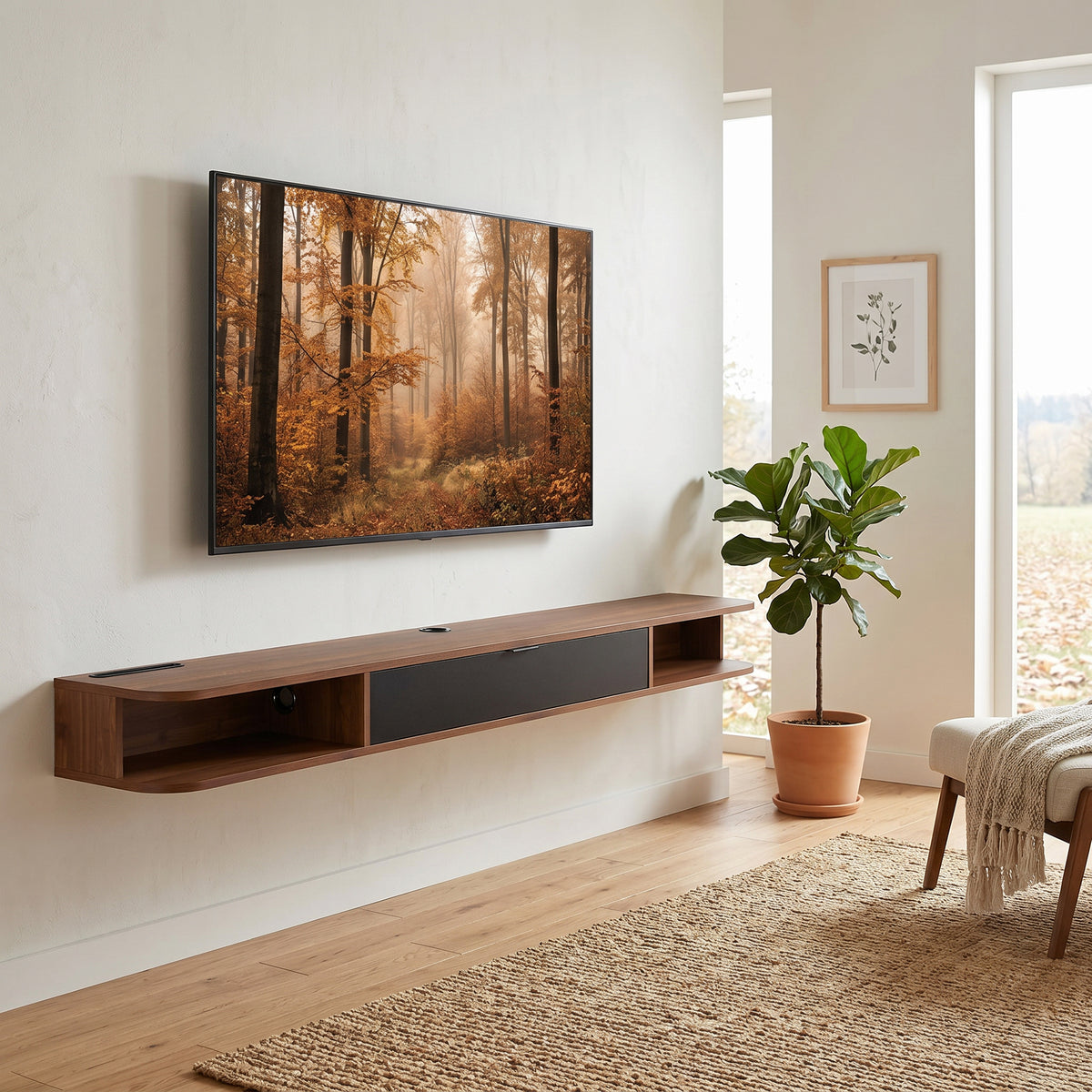 Meuble TV Suspendu, Meuble Télé pour Téléviseur jusqu'à 75 Pouces, Tiroir Rabattable, 2 Étagères, 180x24x16cm, Noyer-1