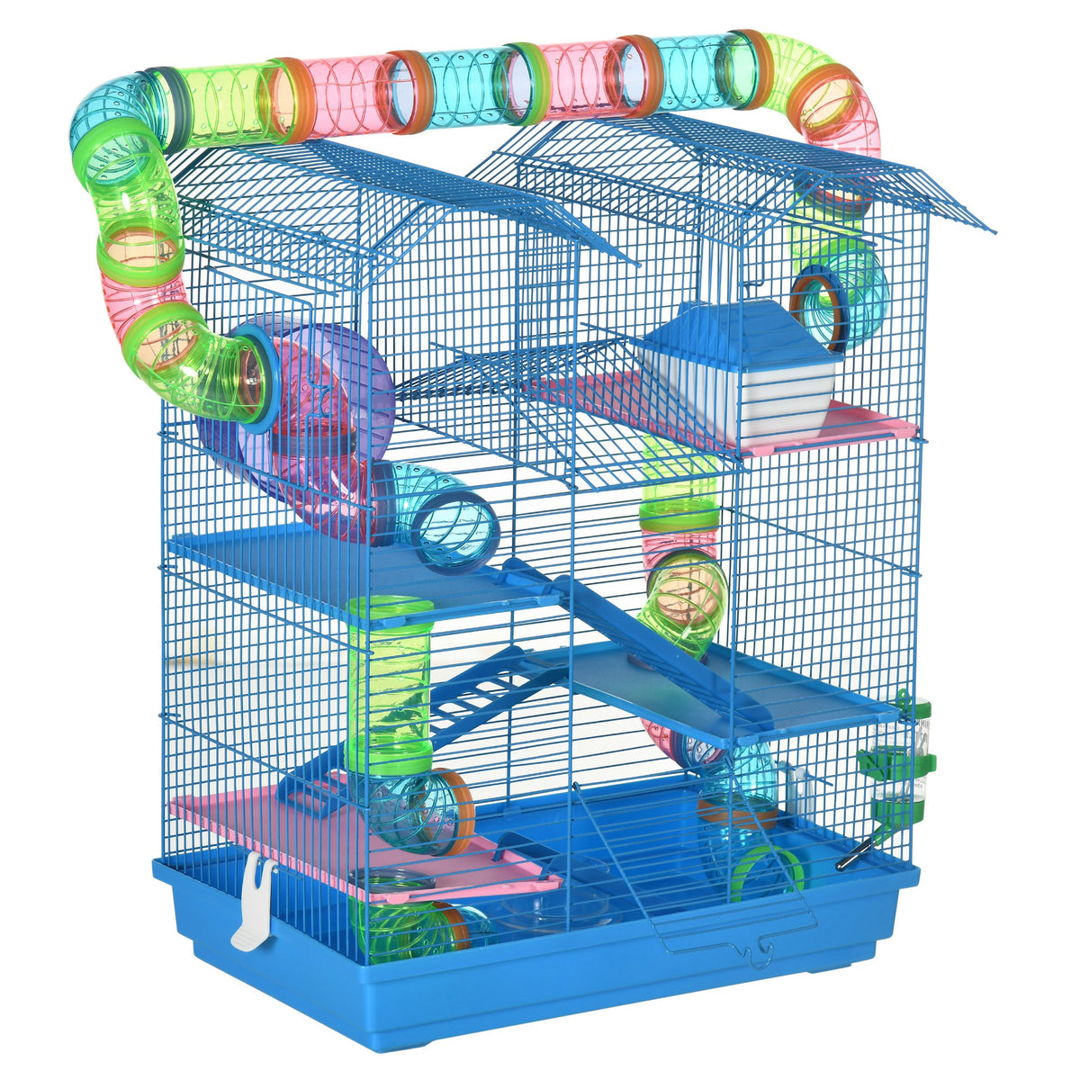 Cage pour Hamster Souris Petit Animaux Rongeur avec Tunnel Mangeoire Roue Jouet 47 x 30 x 59 cm Bleu-0