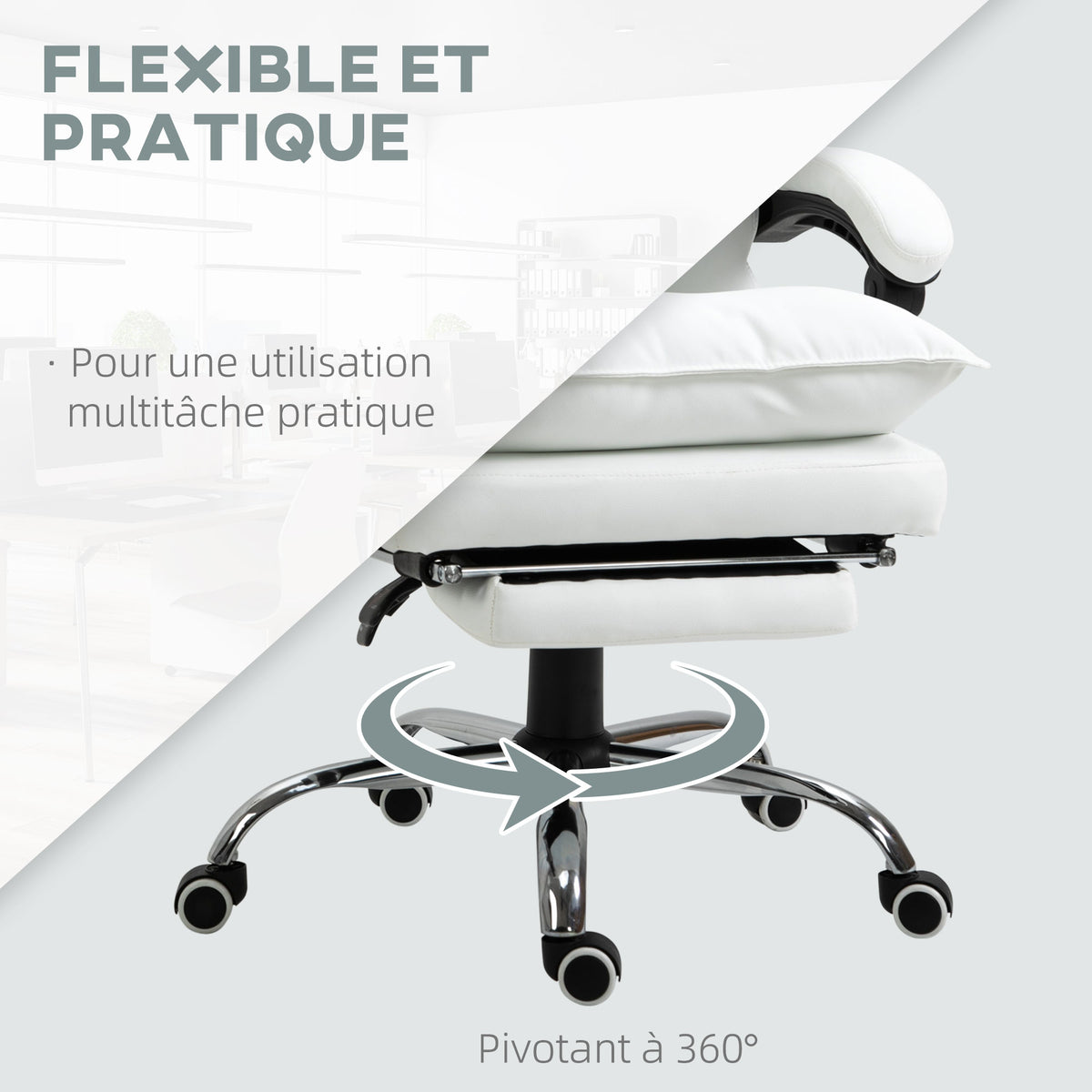 Fauteuil de bureau, chaise bureau ergonomique avec dossier inclinable, hauteur réglable, 66 x 72 x 130 cm, blanc-5