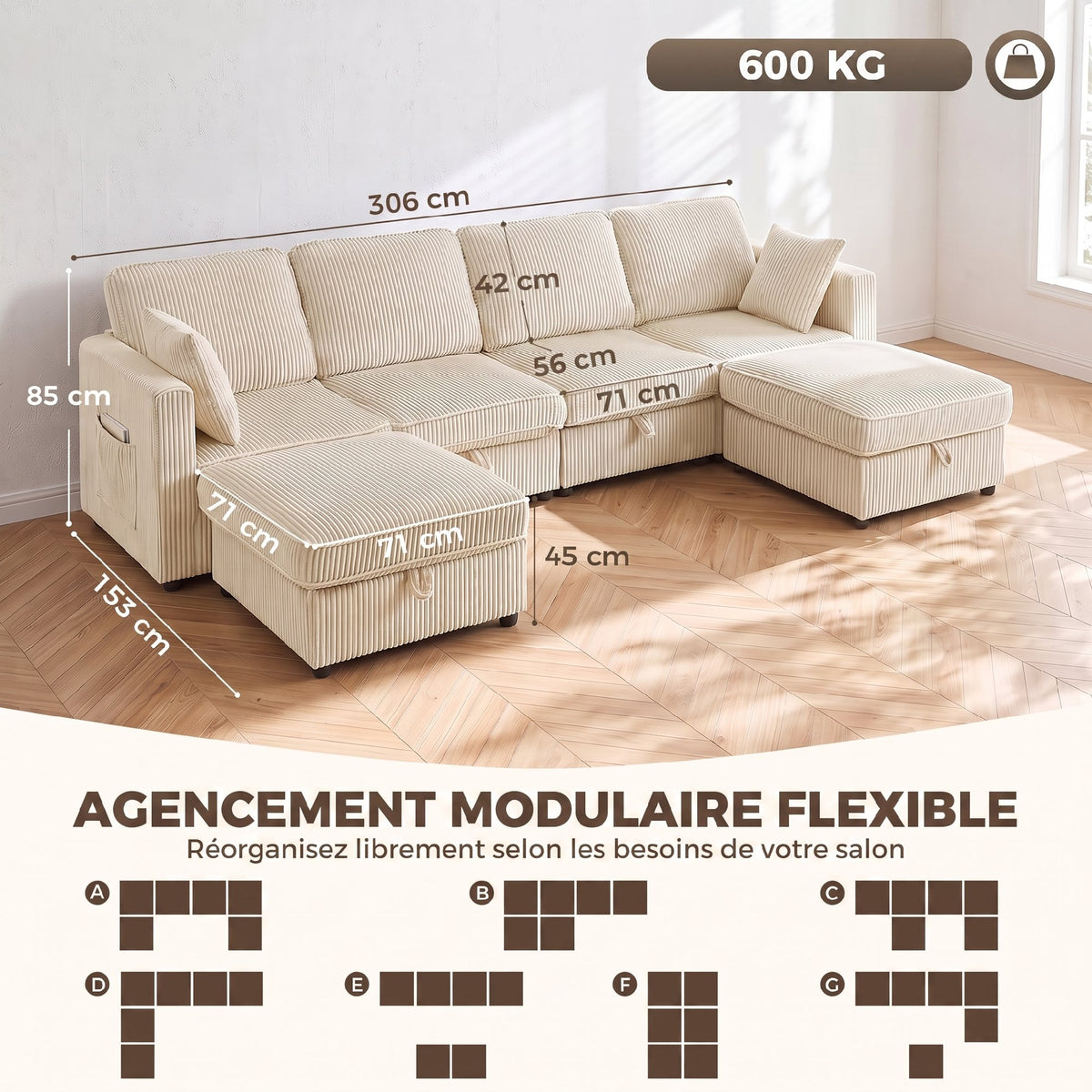 Canapé 4 Places avec 2 Poufs de Rangement, Canapé d'Angle Modulable en U 306 cm en Velours Côtelé, 4 Coussins, Crème-2