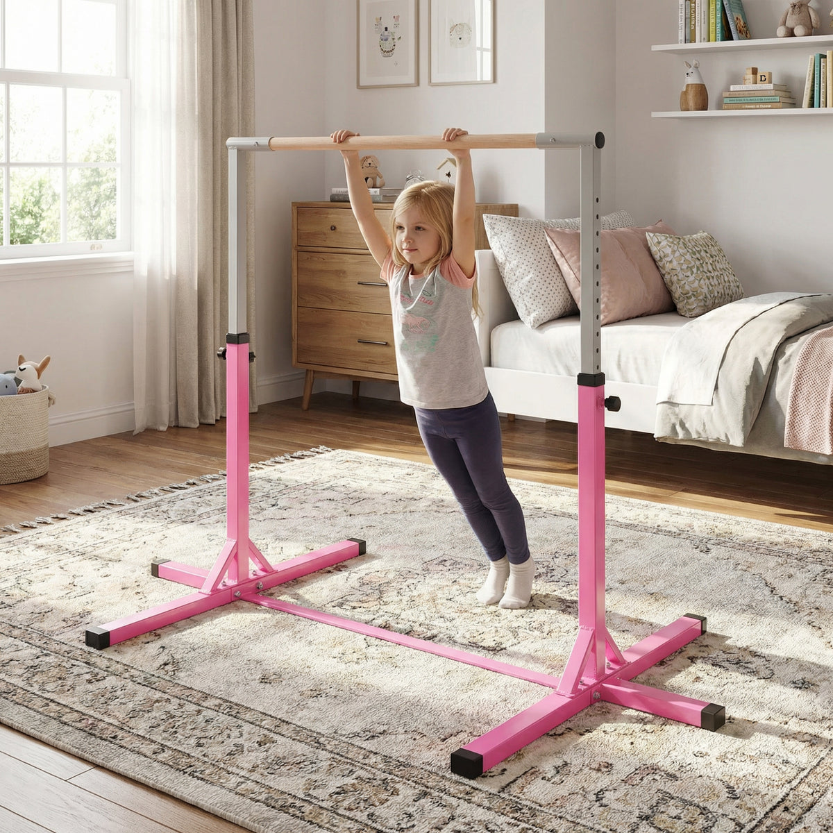 Barre Fixe de Gymnastique pour Enfant, Hauteur Réglable sur 13 Niveaux de 92-150 cm, en Acier et Bois de Hêtre, Barre de Gym d'Entraînement à Domicile, Antidérapant, Facile à Assembler, Rose-8