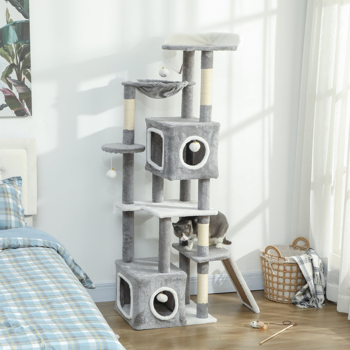 Arbre à chat tour de jeux pour chats centre d'activités 2 niches plateformes hamac échelle et 4 pompons 165 cm gris-1