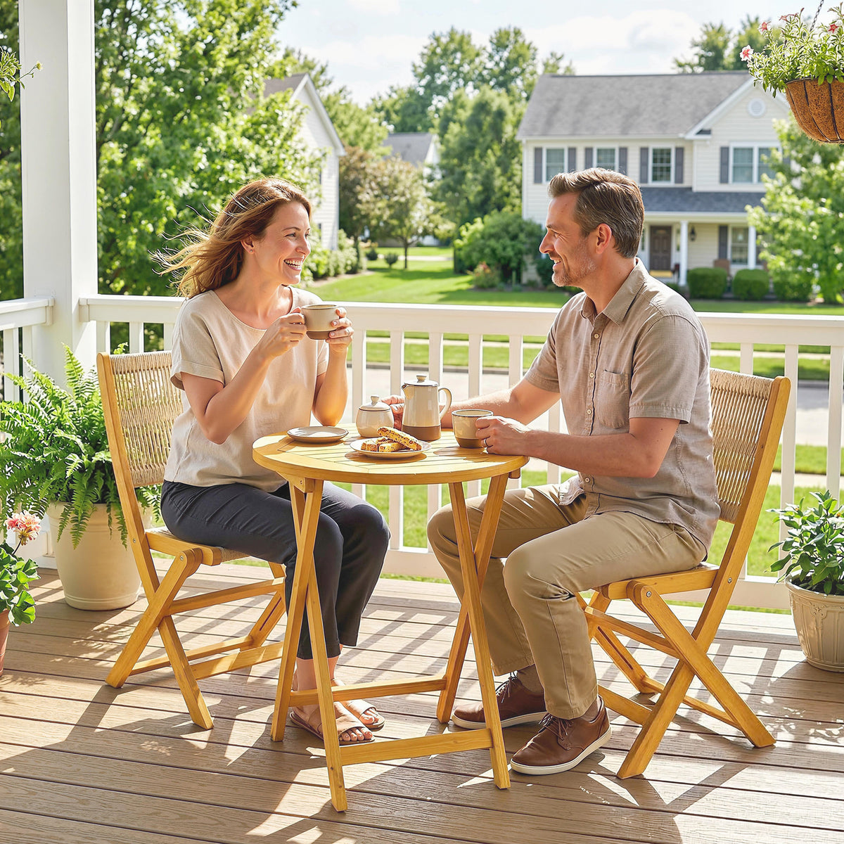 Salon de Jardin Ensemble Bistro 3 Pièces Table Ronde et 2 Chaises Pliables Design Boho Bois d'Acacia Cordage PP Naturel-8