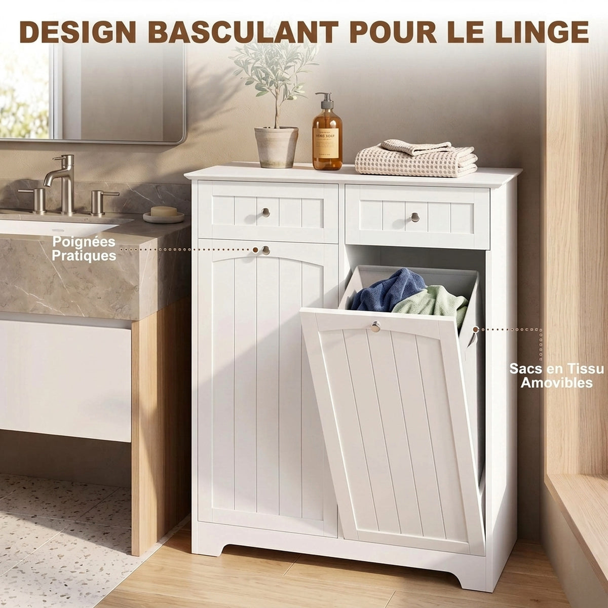 Meuble de Salle de Bain Moderne, 2 Tiroirs, 2 Paniers à Linge, Sacs Amovibles avec Poignées, 78 x 38 x 90 cm, Blanc-4