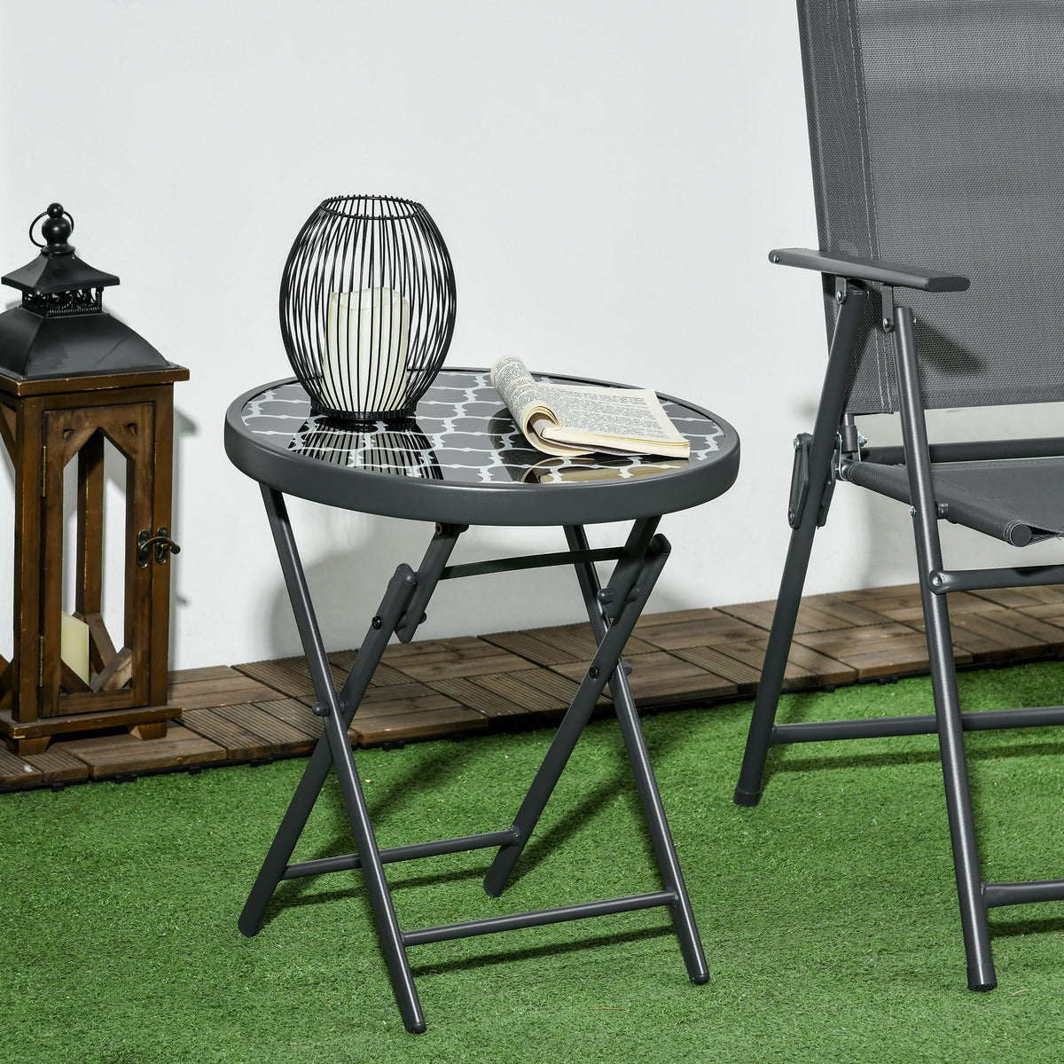 Table basse pliante table d'appoint pliante plateau en verre trempé motifs noirs et blancs en métal Ø 45 x 50 cm noir-1