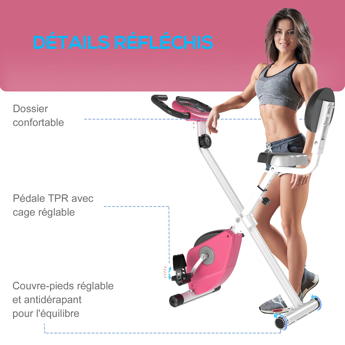 Vélo d'Appartement Pliable Magnétique Cardio-training - Sport Maison avec 8 Niveaux de Résistance et Roulettes - Silencieux Home Trainer avec Capteur de Pouls pour Fitness Homme et Femme, Rose-7