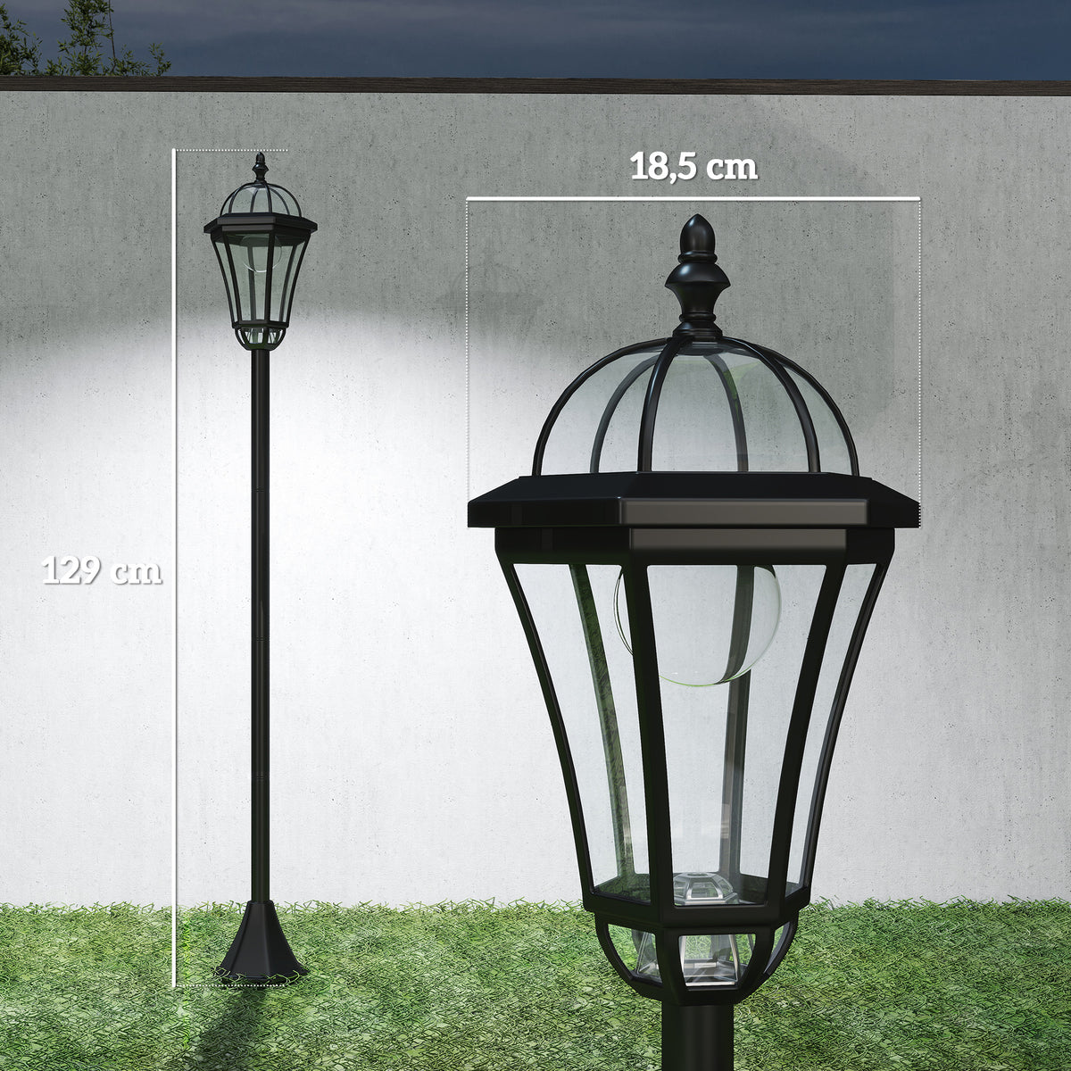 2 lampadaires sur pied solaires d'extérieur jardin avec 2 lampes LED blanc 6000K IP44 Ø18,5 x 129H cm noir-2