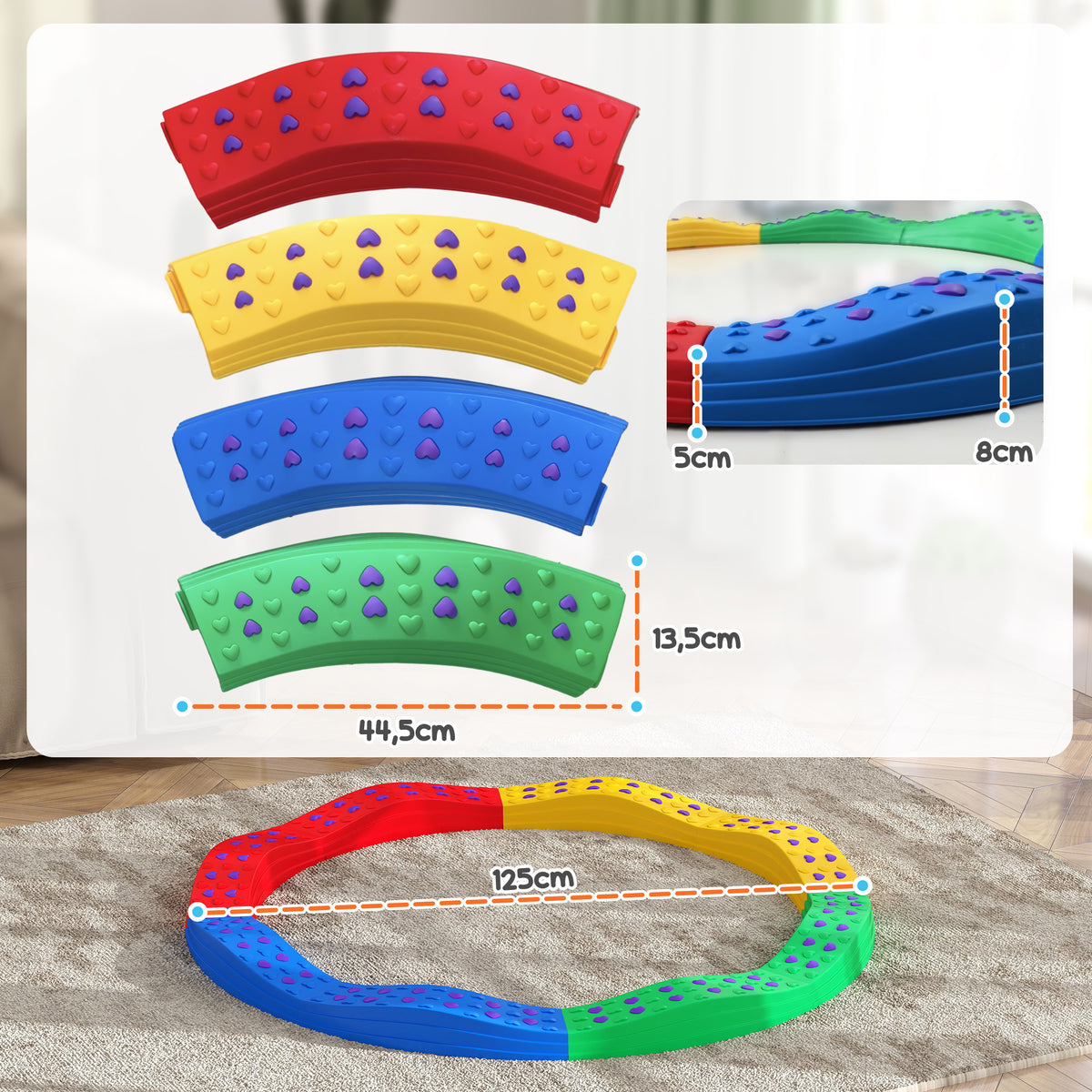 Poutre d'équilibre pour enfants 8 pierres de pas ondulées avec surface exturée antidérapante et tapis de fond-2