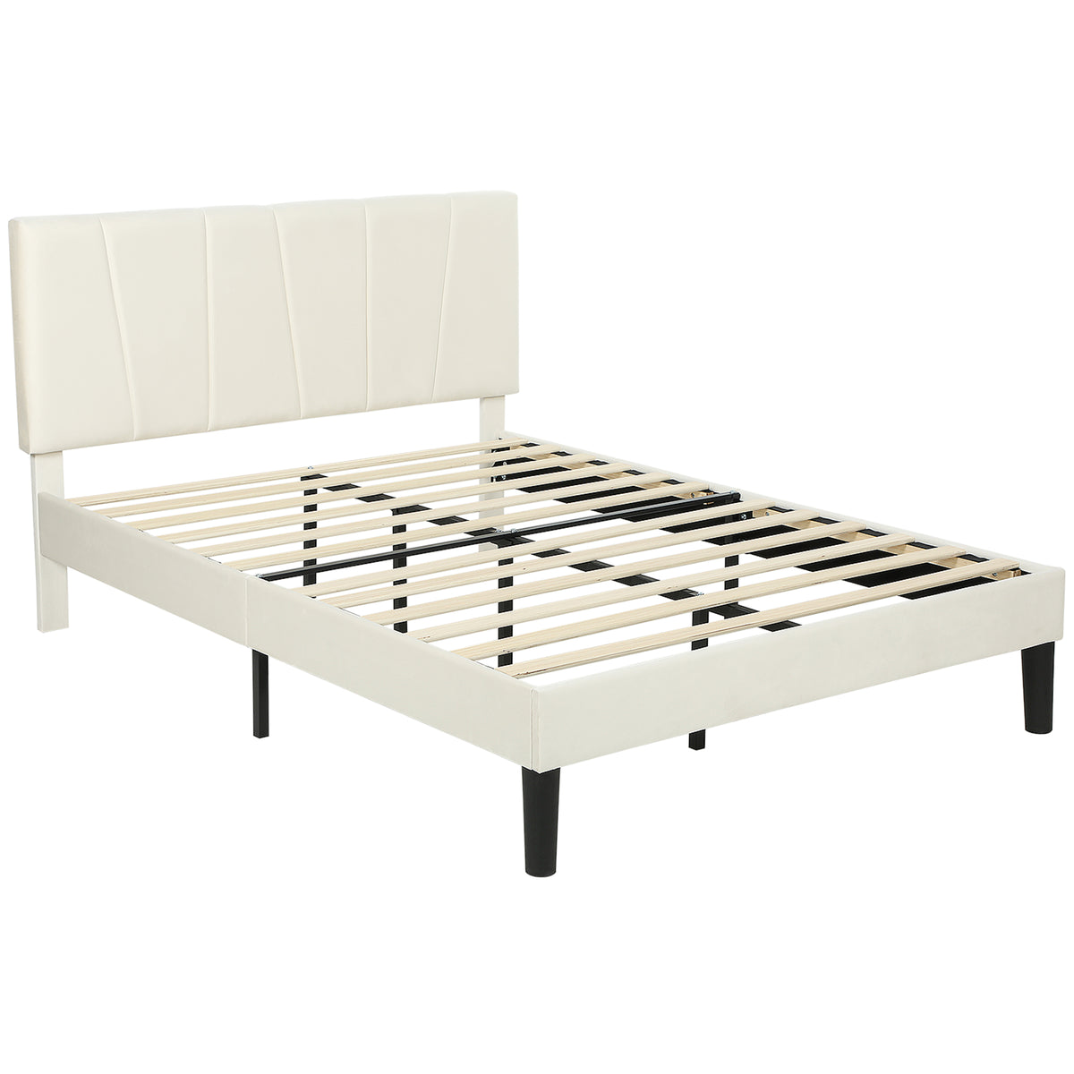 Cadre de lit double 140 x 190 cm lit 2 personnes tête de lit réglable sommier 150 x 198 x 101/106/111/116/121 cm crème-0