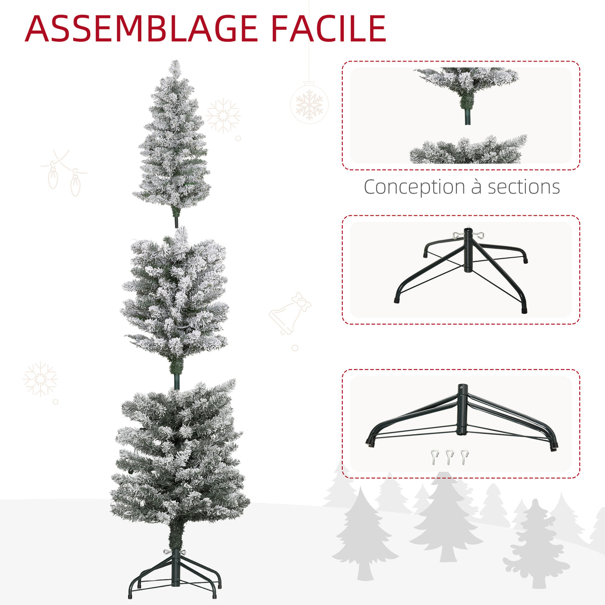 Sapin de Noël artificiel 150 cm avec éclairage LED blanc chaud, 263 branches enneigées, base en métal, réaliste et fin-6