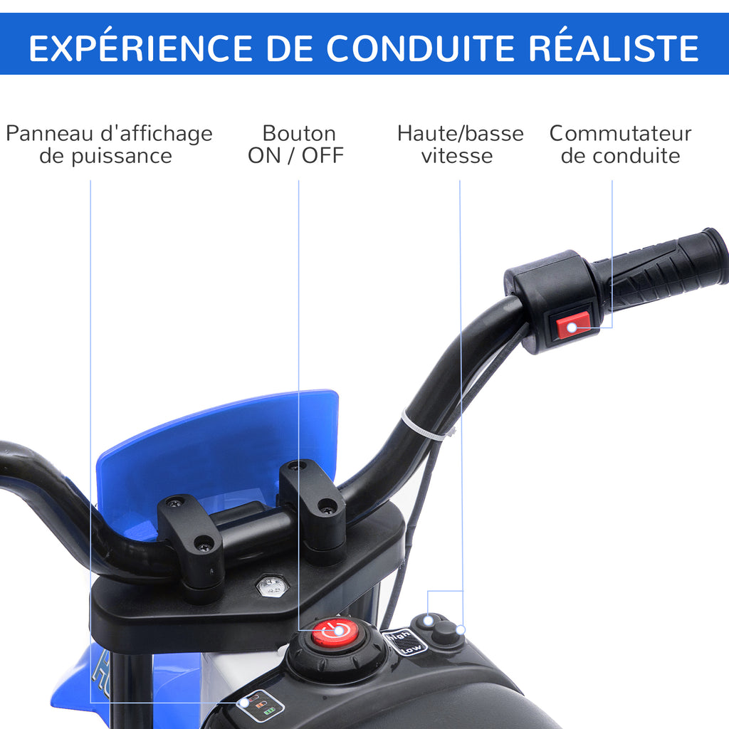 Moto Cross électrique Enfant 3 à 6 Ans 12 V 3-8 Km/h avec roulettes latérales Amovibles dim. 106,5L x 51,5l x 68H cm Bleu-3