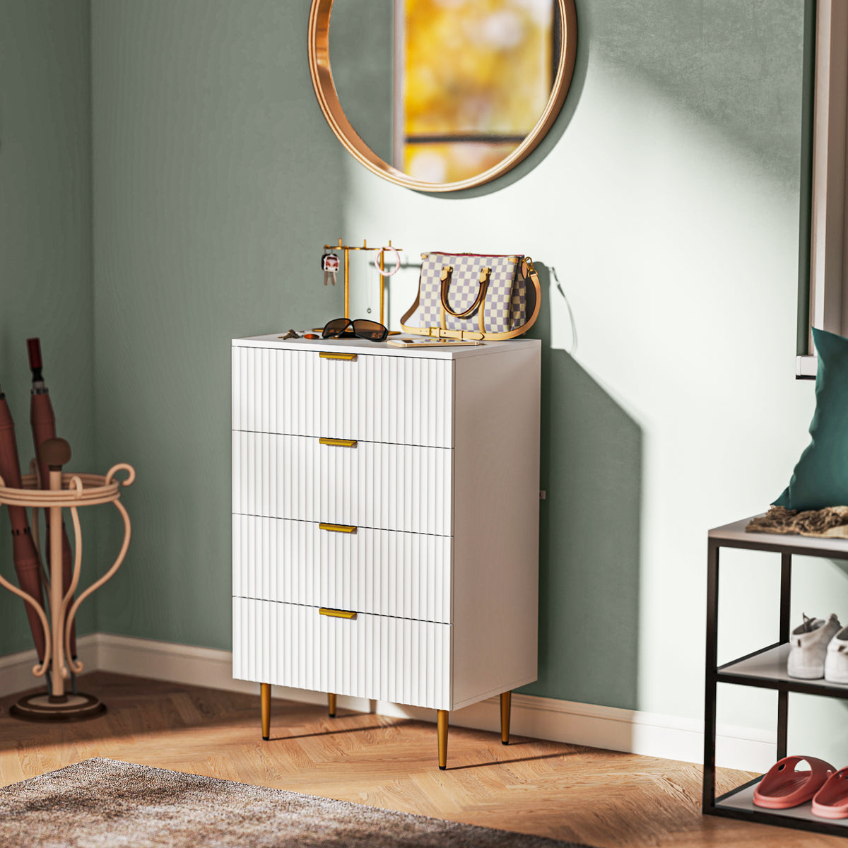 Commode 4 tiroirs commode chambre meuble de rangement moderne avec poignées et pieds dorés, dim. 60 x 40 x 96 cm, blanc-7