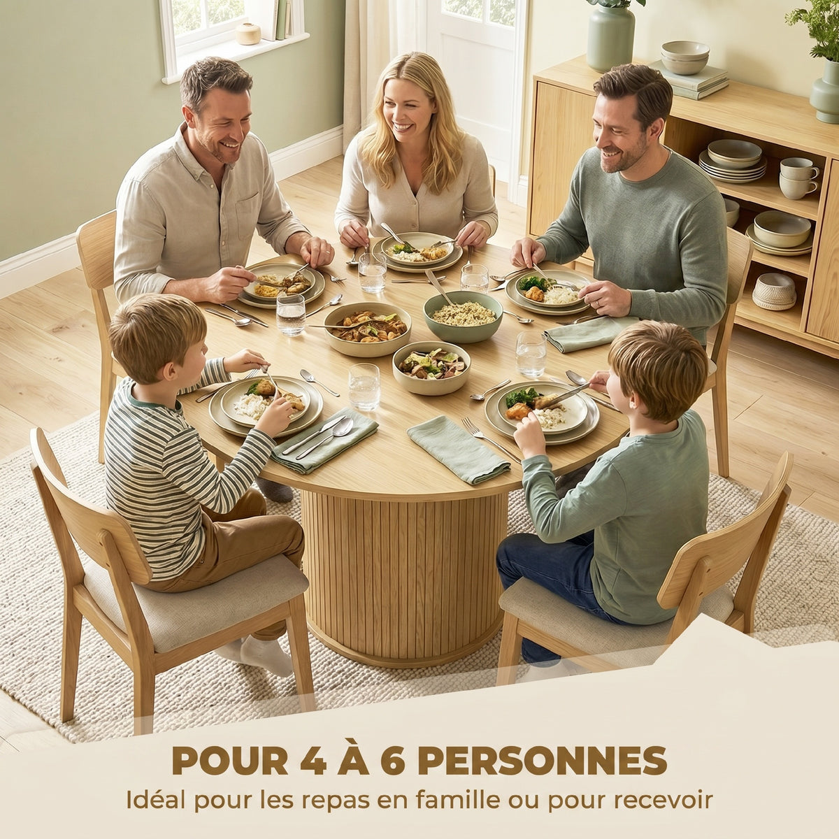 Table à manger ronde pour 4-6 personnes, Ø 120 x 75 cm, table de cuisine avec base cylindrique cannelée, bois naturel-3