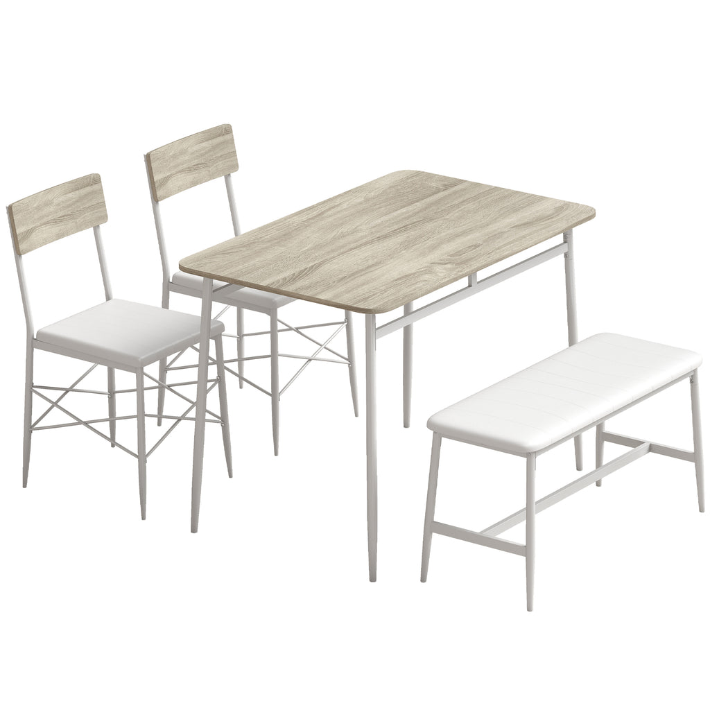 Ensemble Table Salle à Manger avec 2 Chaises et Banc, Assises Rembourrées, pour Salon, Petit Espace, Chêne et Blanc-0