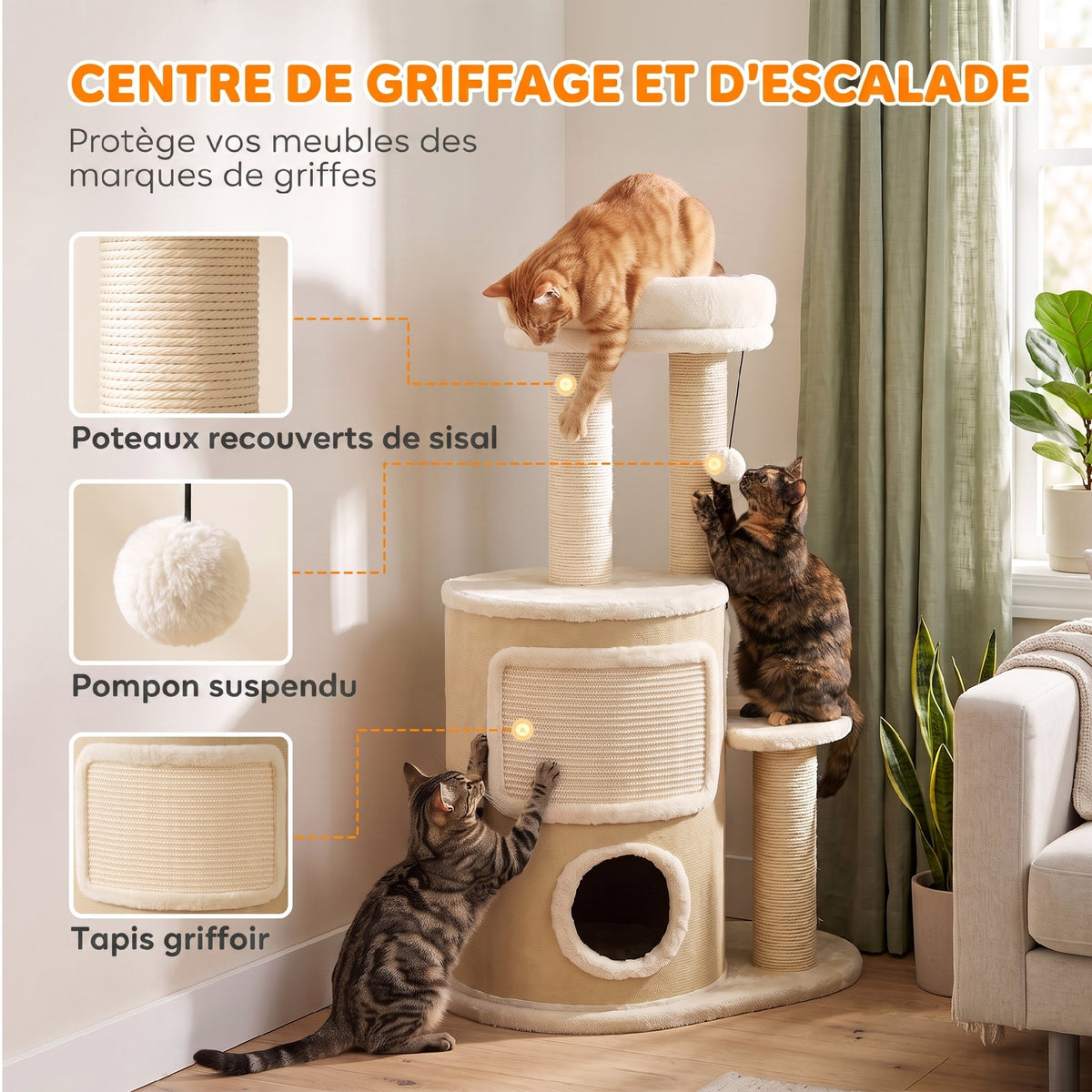 Arbre à Chat Multi-Niveaux avec Tonneau, Double Niche, Lit, Plateforme, Poteaux à Griffer en Sisal, 55x39x90cm, Beige-4