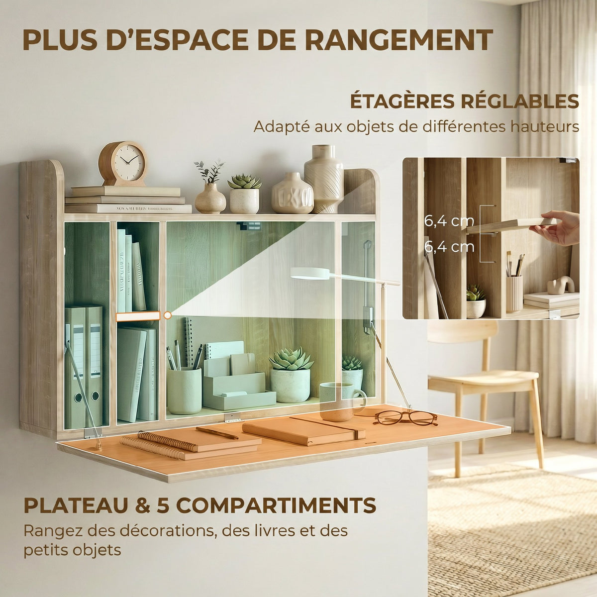 Bureau suspendu table murale table d'ordinateur murale et tablette rabattable avec rangements - 77 x 20 x 51 cm-4