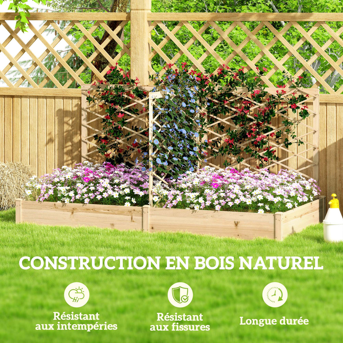 Jardinière avec 3 treillis modulable, bac à fleurs en bois pour balcon terrasse patio, 222x114x109 cm effet bois naturel-7