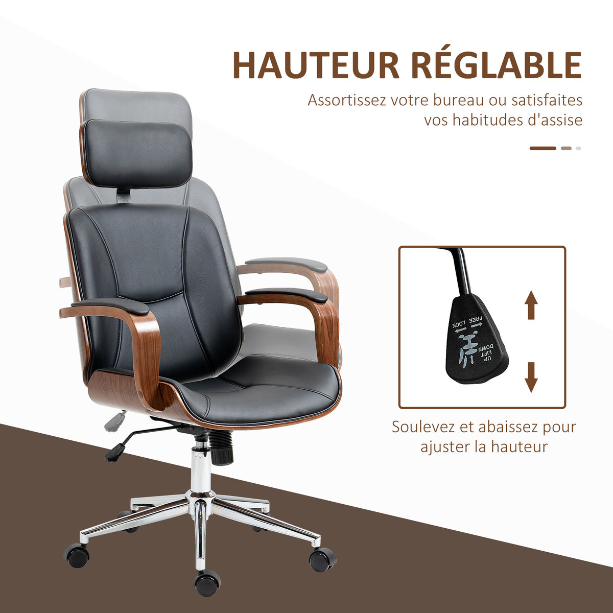 Fauteuil de bureau, chaise de bureau avec appui-tête amovible hauteur réglable et fonction de bascule, 66x65x125cm, noir-3