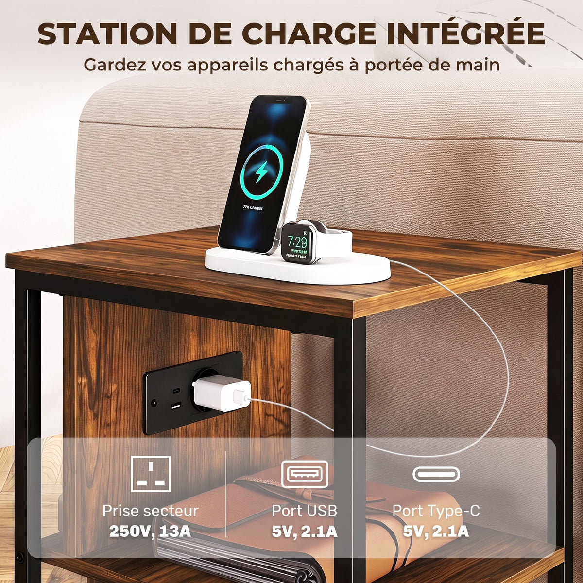 Table d'appoint avec station de charge, bout de canapé étroit avec 2 étagères ouvertes, style industriel, brun rustique-4