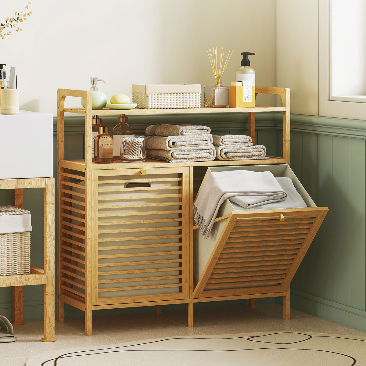Meuble salle de bain en bambou, armoire salle de bain avec 2 paniers à linge et 2 étagères, 82x33x88cm, bois naturel-1