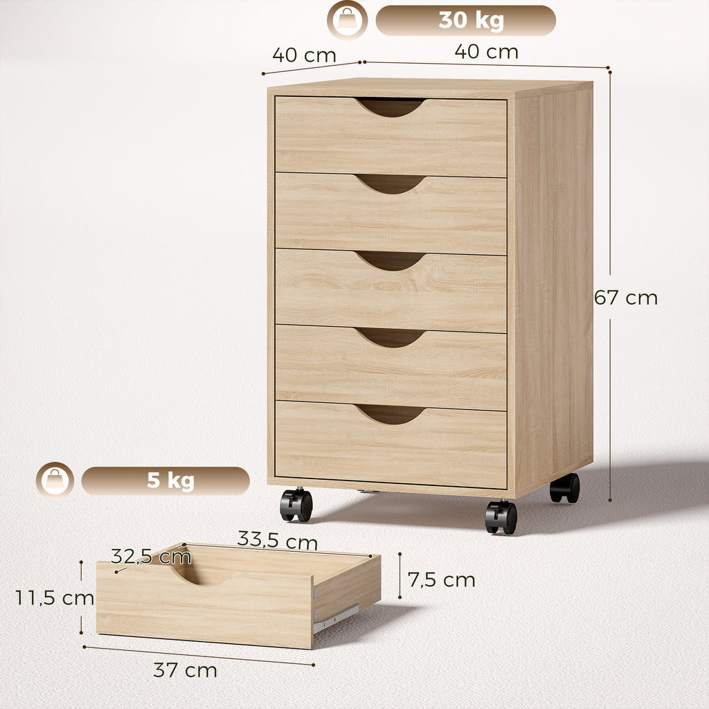 Caisson bureau mobile, meuble rangement sur roulettes avec 5 tiroirs, bois, 40 x 40 x 67 cm, chêne-2