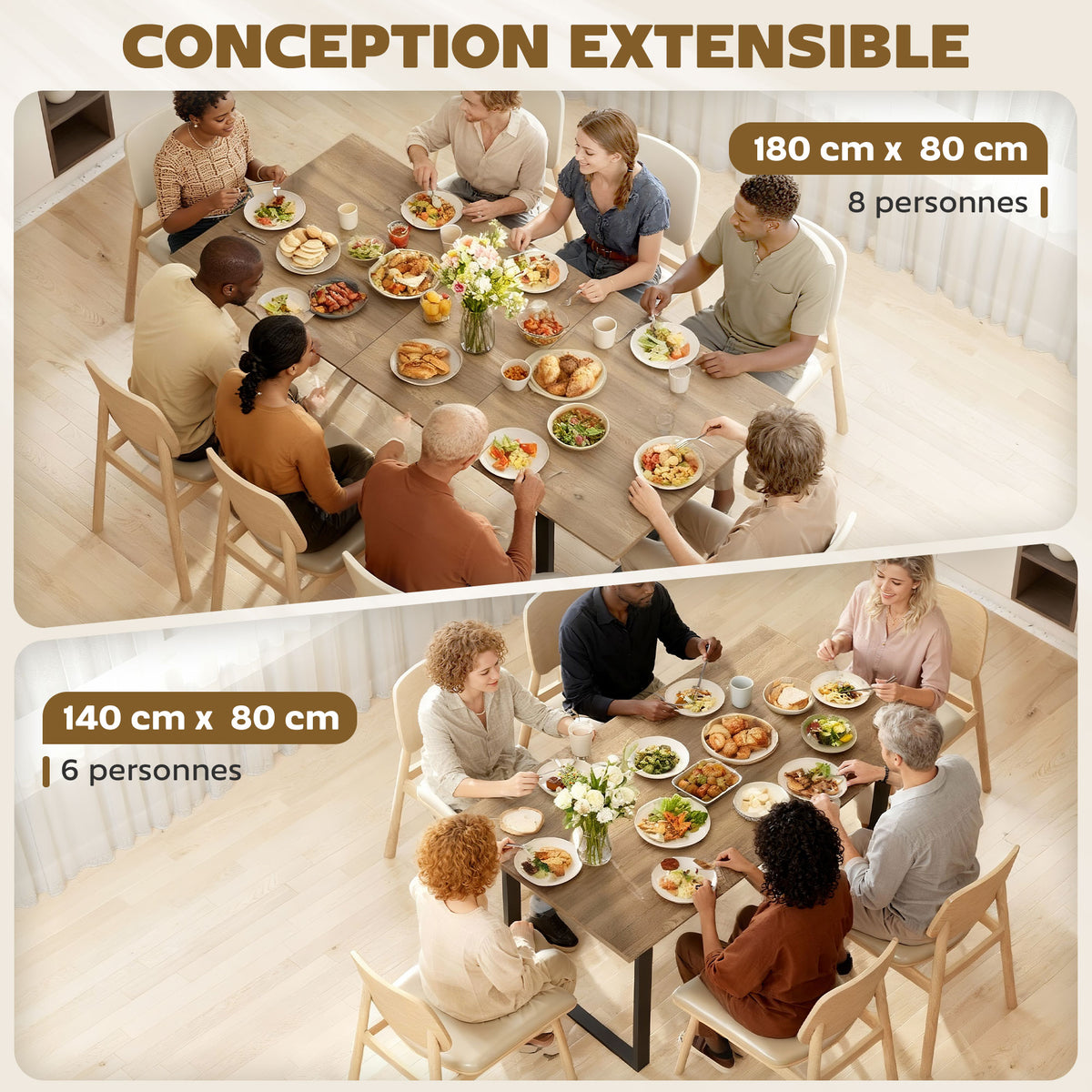 Table à manger extensible rectangle pour 6 à 8 personnes, table de cuisine avec rallonge 140-180 cm, effet bois naturel-3