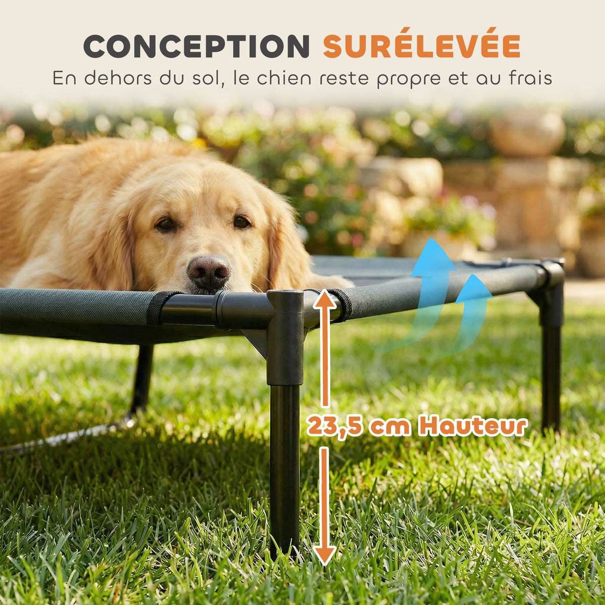 Lit Chien Sureleve avec Parasol, Lit de Camp Chien Chat sur Pieds Tissu Oxford Respirant, Anti-UV Cadre en Métal Sac de Transport Inclus Couchage Extérieur pour Chat 122 x 92 x 108 cm Gris Noir-5