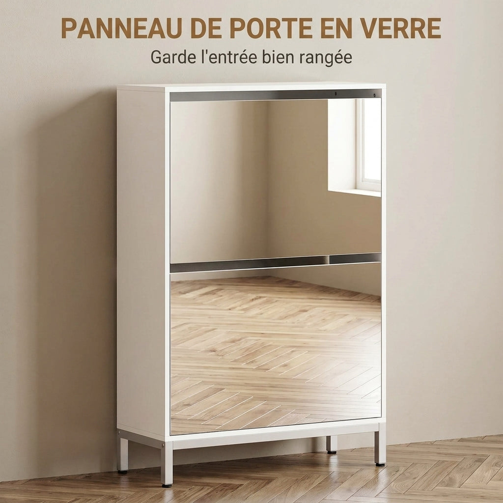 Meuble à Chaussures 12 Paires, Armoire à Chaussures, 2 Tiroirs Rabattables, Portes Miroirs, Blanc-3