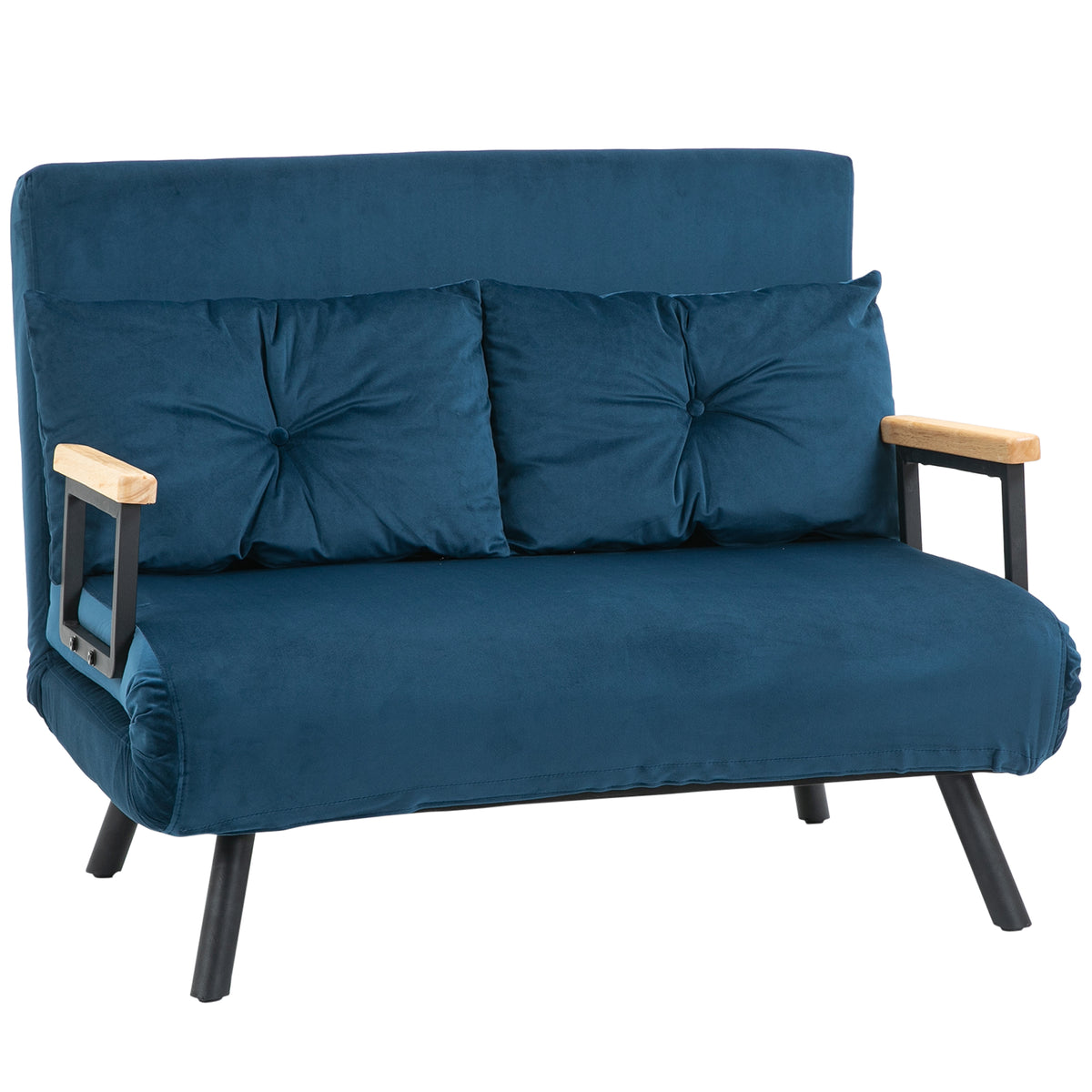 Canapé convertible 2 places avec dossier réglable à 5 niveaux et 2 coussins rembourrés, revêtement effet velours, bleu-0