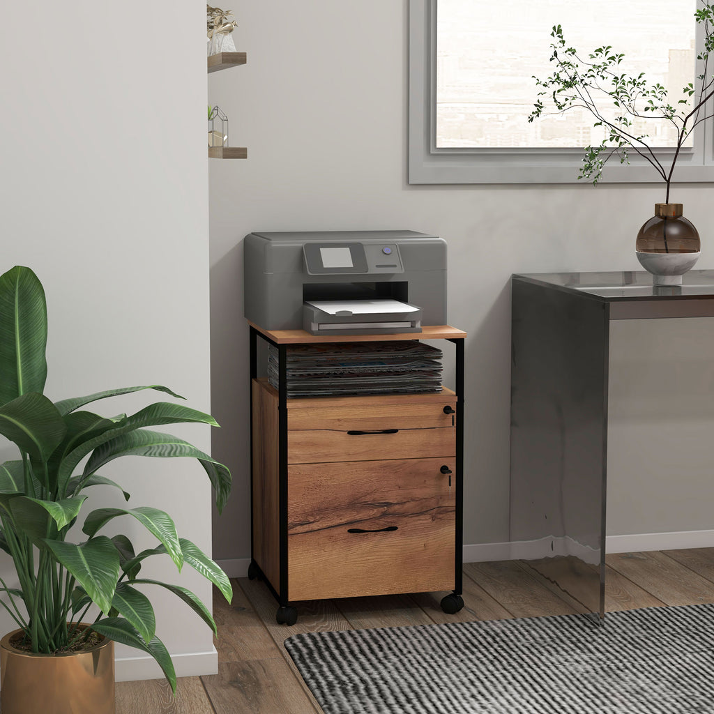 Caisson bureau mobile avec 2 tiroirs, meuble rangement bureau sur roulettes avec barres pour dossiers, marron-9