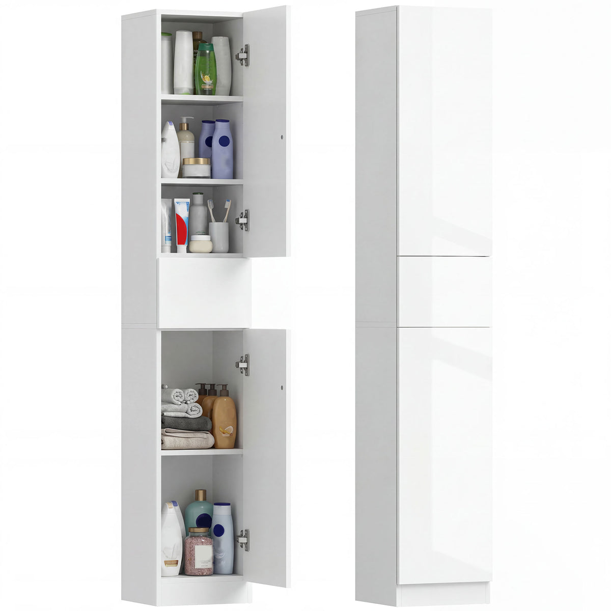 Meuble colonne rangement salle de bain style contemporain 2 placards 3 étagères et 1 tiroir coulissant panneaux particules brillant dim. 30l x 28P x 170H cm blanc laqué-0