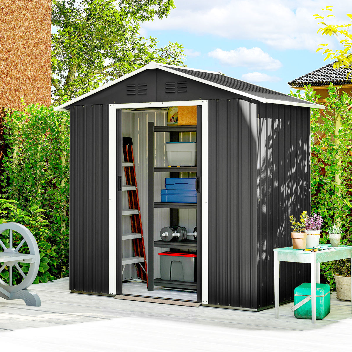 Abri de jardin en métal grand espace de rangement extérieur avec portes coulissantes 194 x 107 x 191 cm gris foncé-1