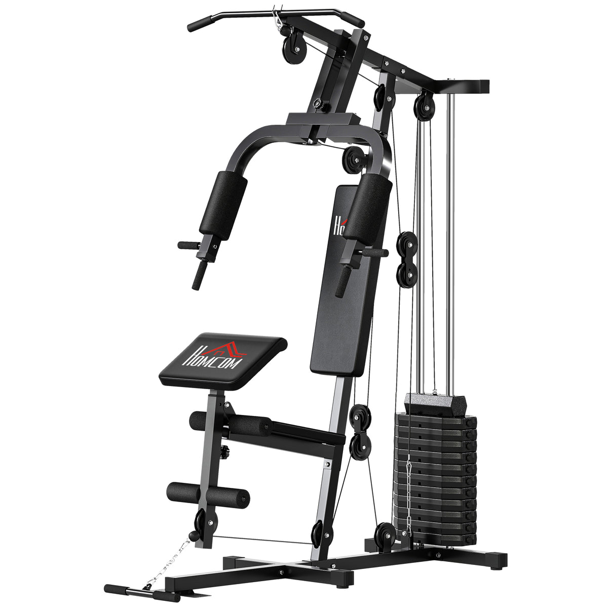 Station de Musculation Multifonction avec Stack de 65 kg, Double Poulie, Noir-0