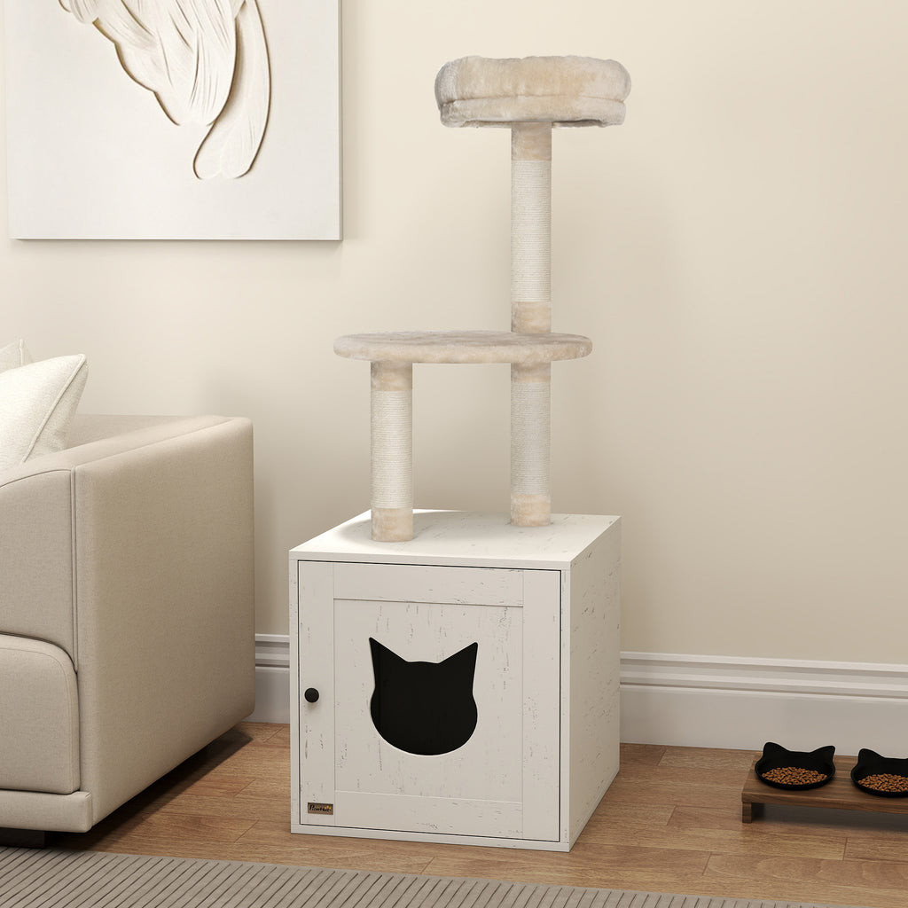 Arbre à chat avec maison de toilettes, tour de jeu 2-en-1 de 129 cm avec cache-litière, poteaux à griffer, crème-9