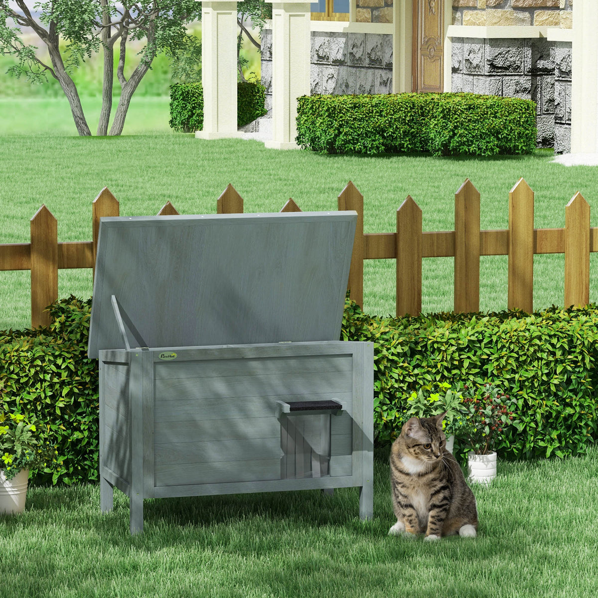 Maison pour chats niche d'extérieur en bois surélevée avec toit ouvrable isolée  85 x 50 x 68,5 cm gris foncé et noir-1
