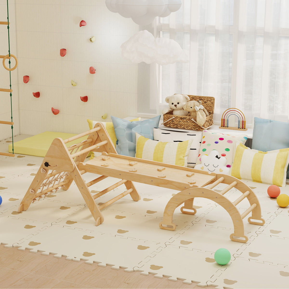Triangle d'escalade enfants 8 en 1 avec rampe double face, arc d'escalade en bois avec toboggan & échelle, naturel-9