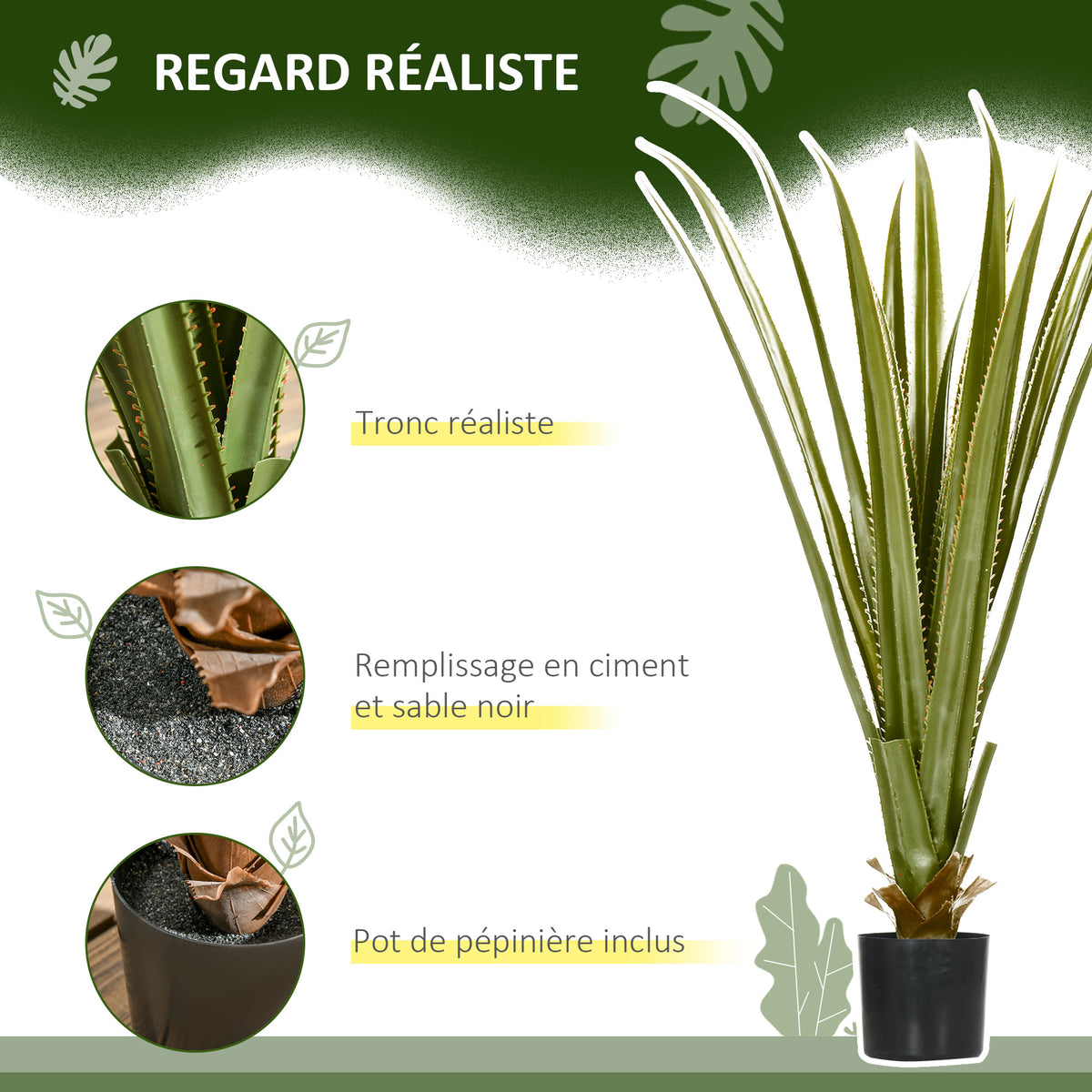 Plante artificielle type agave en pot hauteur 90 cm, 16 feuilles, interieur extérieur, grand réalisme-3