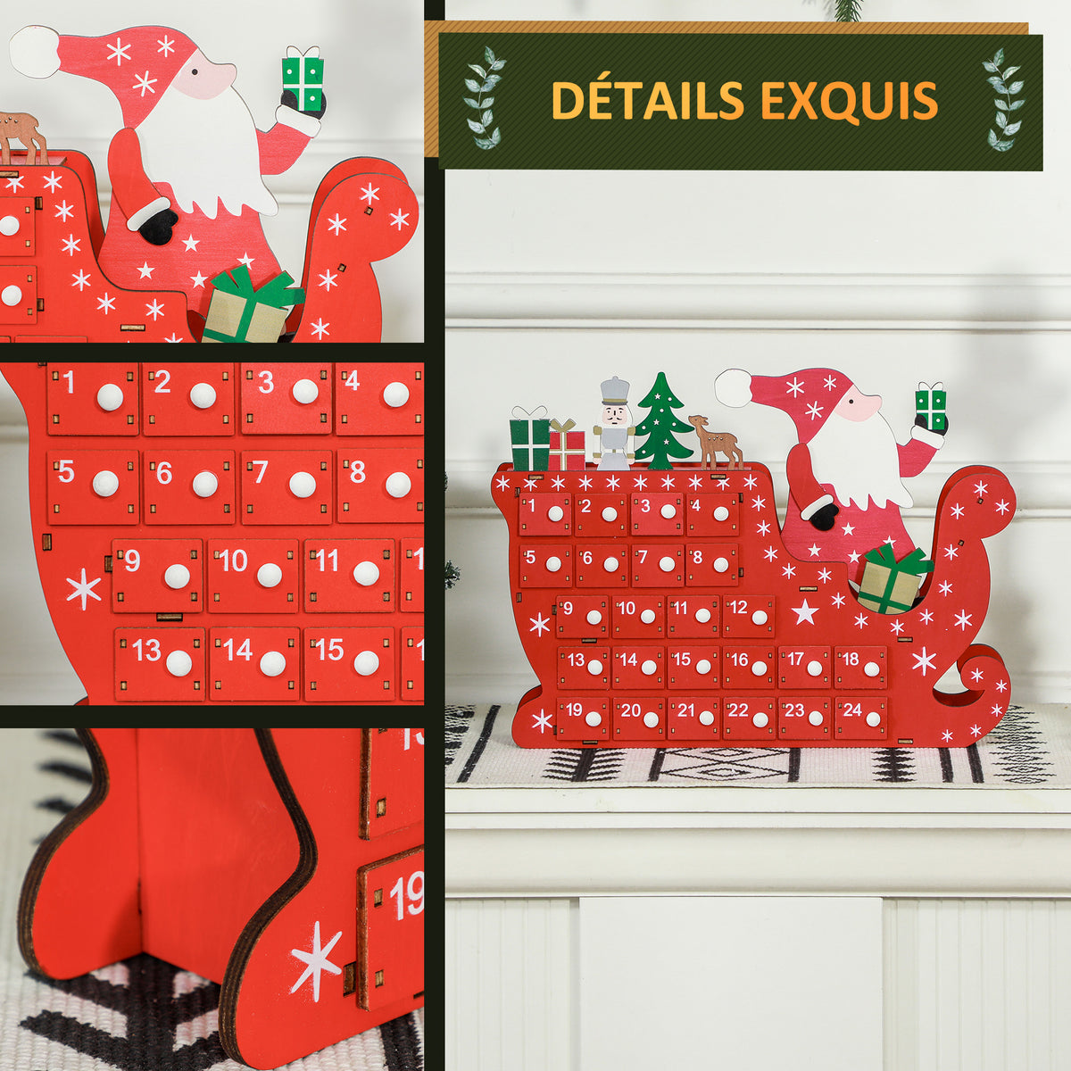 Calendrier de l'Avent à remplir en bois, décoration de Noël avec 24 tiroirs, Père Noël et traîneau, 22,5x8x36cm, rouge-4