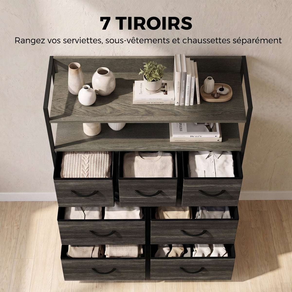 Meuble de rangement commode 7 tiroirs en tissu pliables et amovibles étagères ouvertes, gris-3